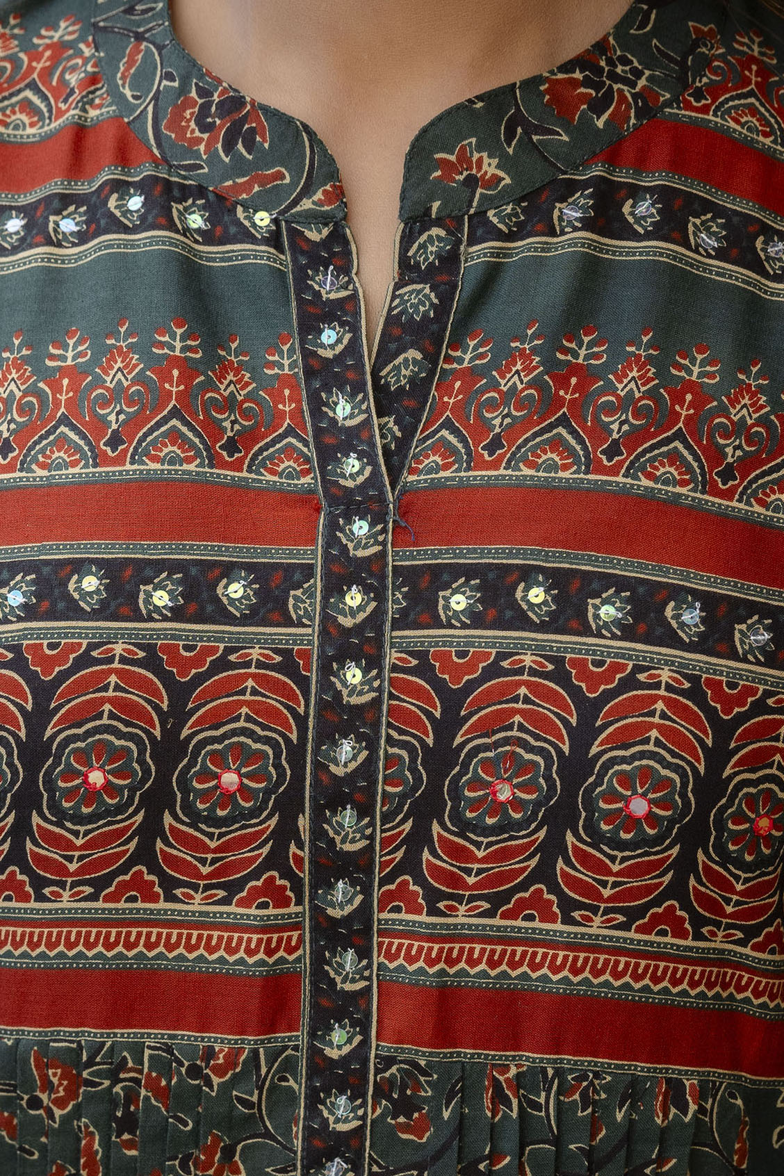 Ethnic Printed A-Line Kurta With Pant & Coordinated Dupatta, Bottle-Green - Hiral Fashion