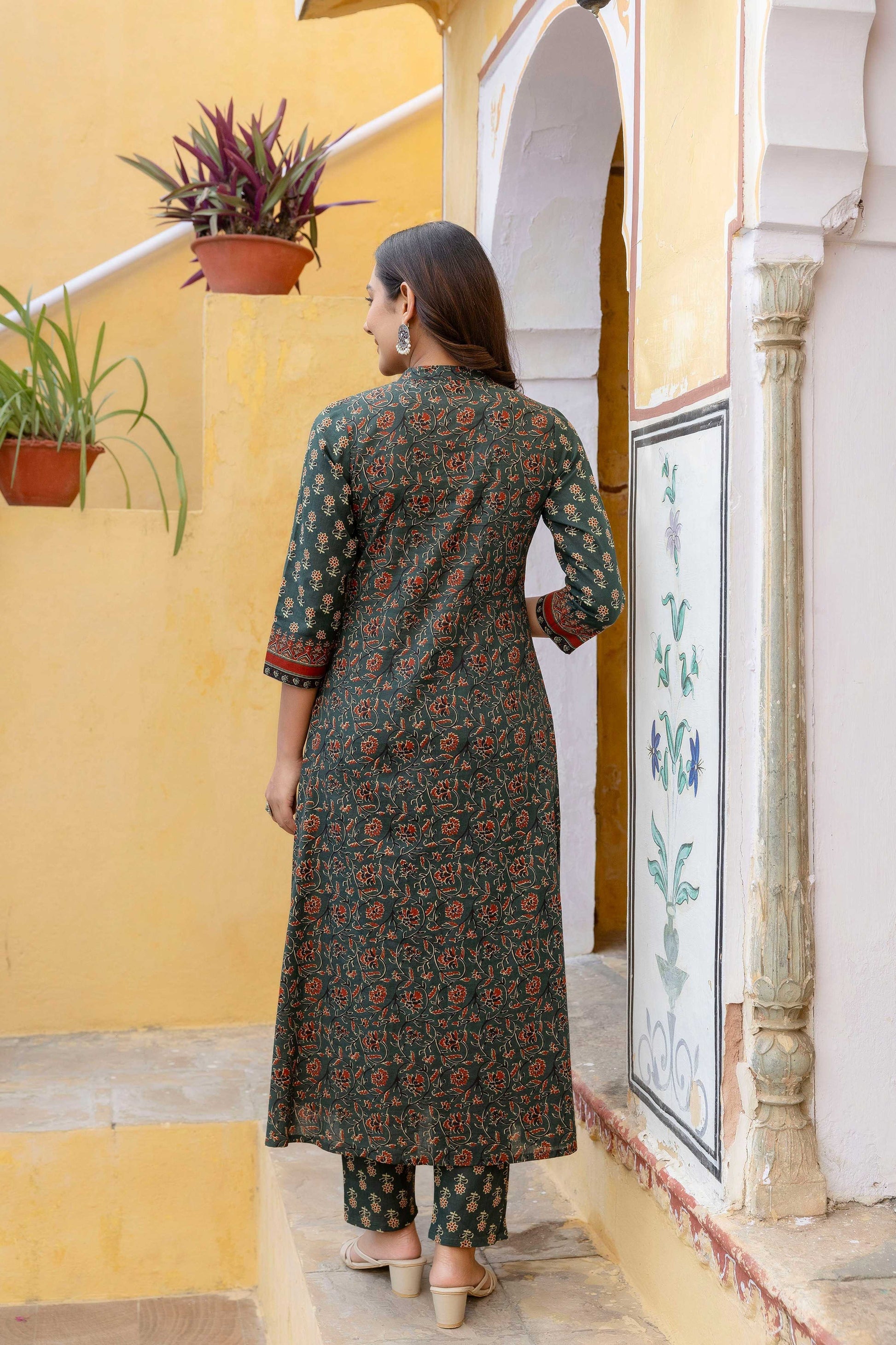 Ethnic Printed A-Line Kurta With Pant & Coordinated Dupatta, Bottle-Green - Hiral Fashion