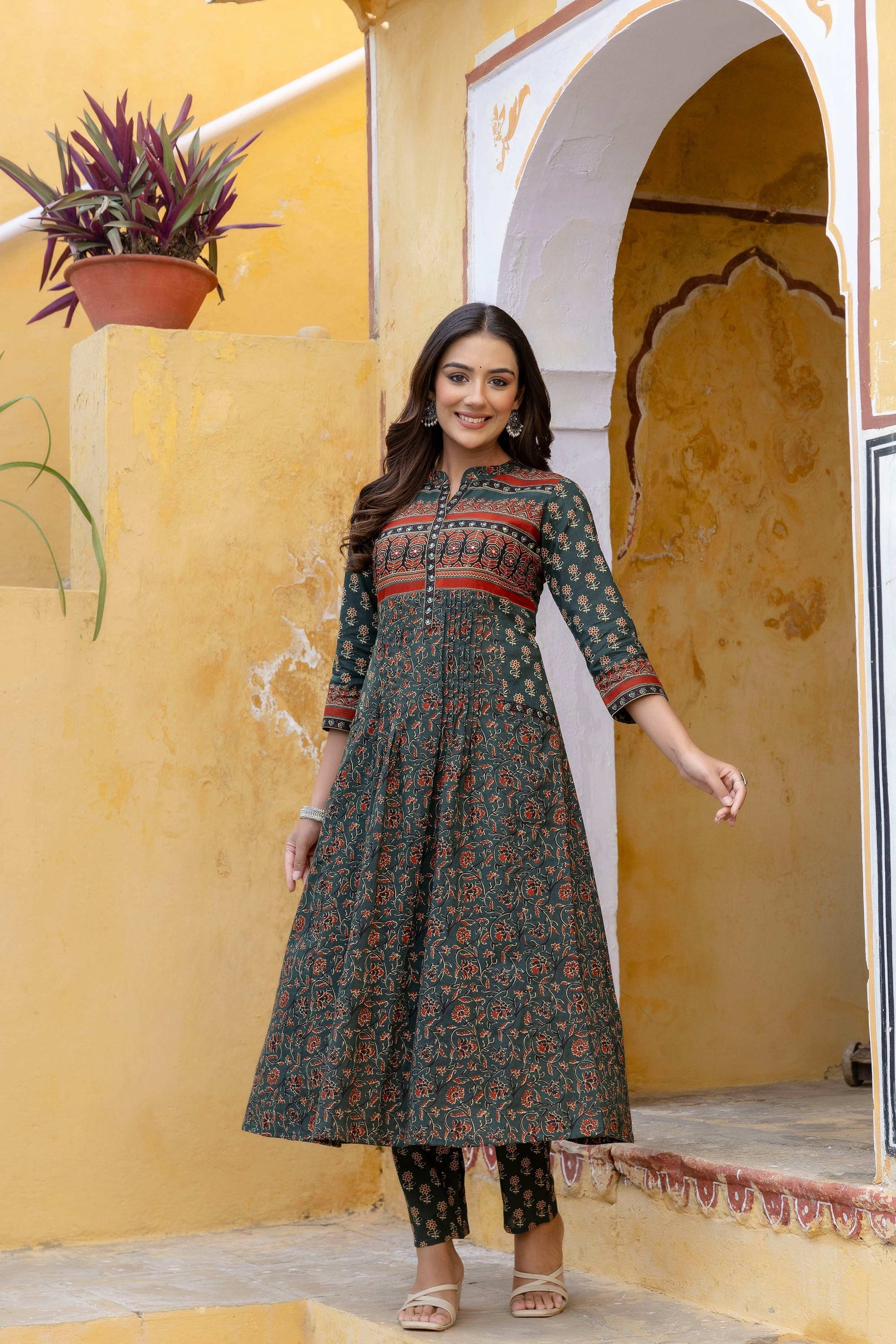 Ethnic Printed A-Line Kurta With Pant & Coordinated Dupatta, Bottle-Green - Hiral Fashion