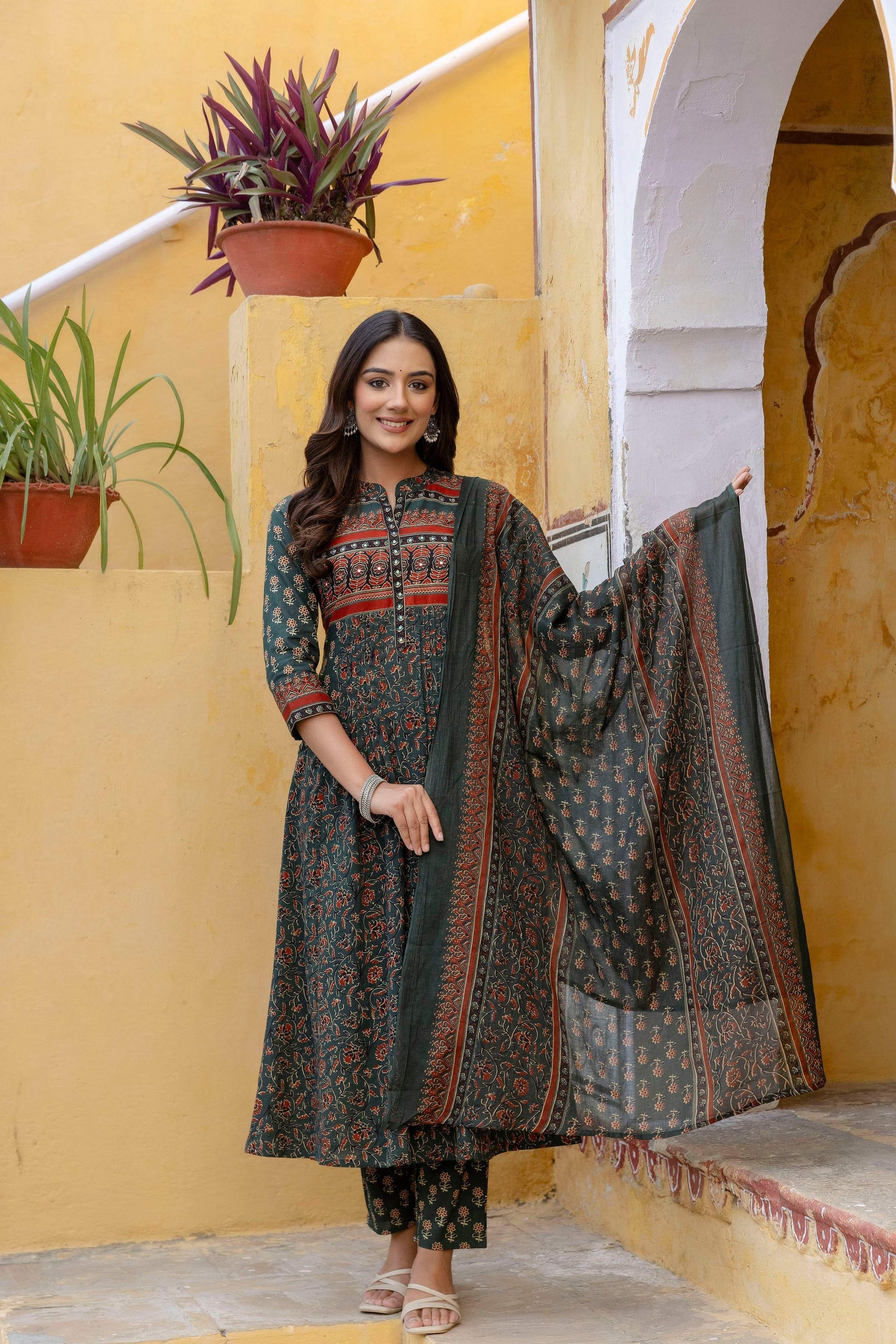 Ethnic Printed A-Line Kurta With Pant & Coordinated Dupatta, Bottle-Green - Hiral Fashion