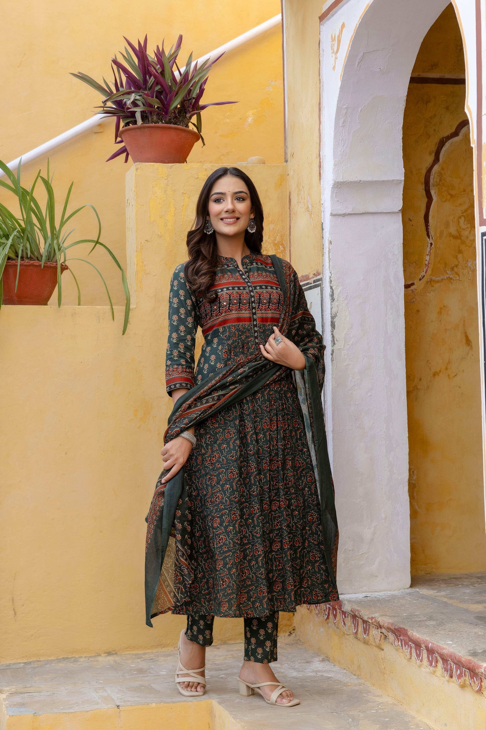 Ethnic Printed A-Line Kurta With Pant & Coordinated Dupatta, Bottle-Green - Hiral Fashion