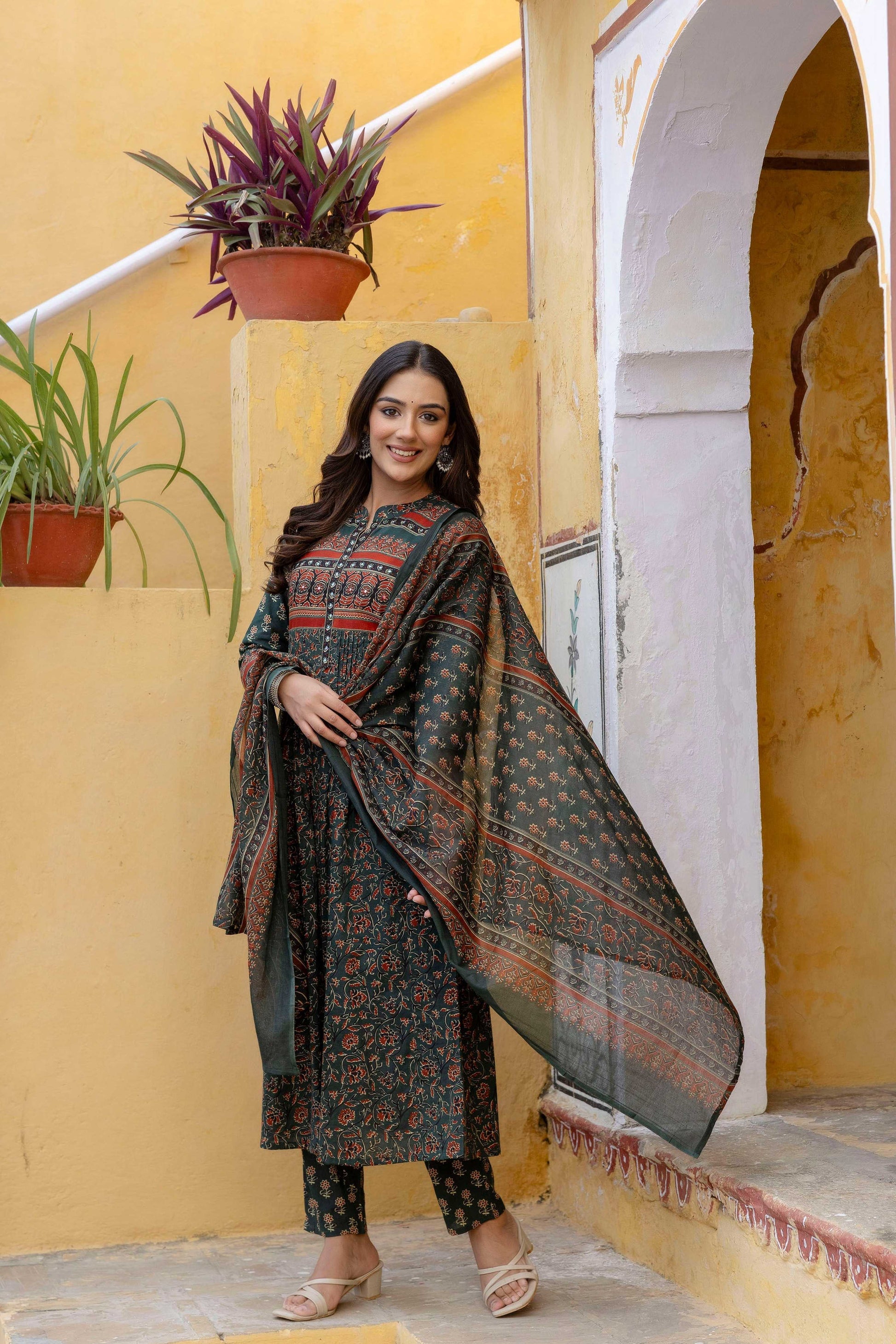 Ethnic Printed A-Line Kurta With Pant & Coordinated Dupatta, Bottle-Green - Hiral Fashion