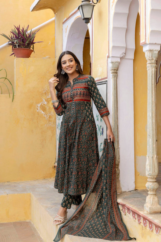 Ethnic Printed A-Line Kurta With Pant & Coordinated Dupatta, Bottle-Green - Hiral Fashion