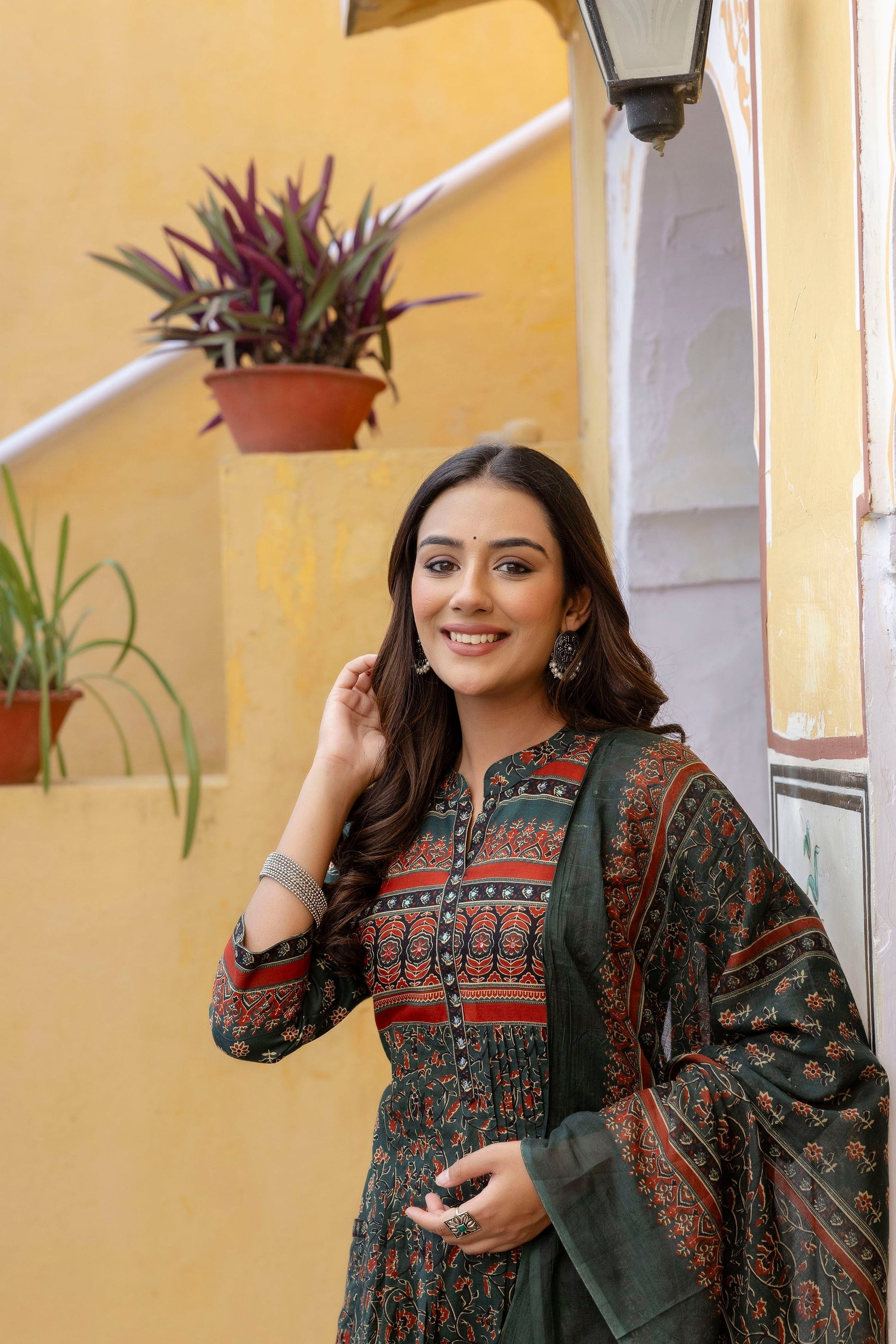 Ethnic Printed A-Line Kurta With Pant & Coordinated Dupatta, Bottle-Green - Hiral Fashion