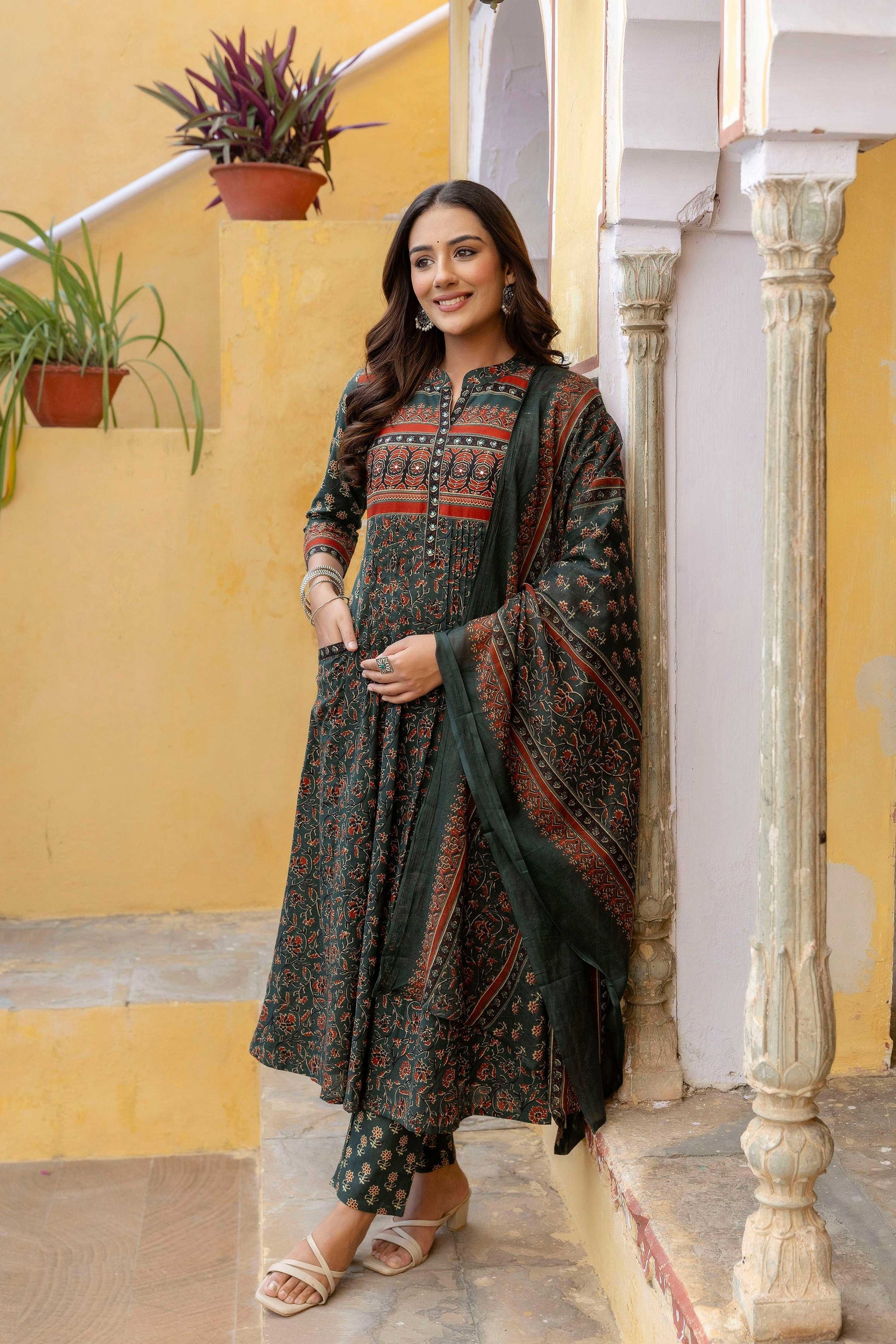 Ethnic Printed A-Line Kurta With Pant & Coordinated Dupatta, Bottle-Green - Hiral Fashion