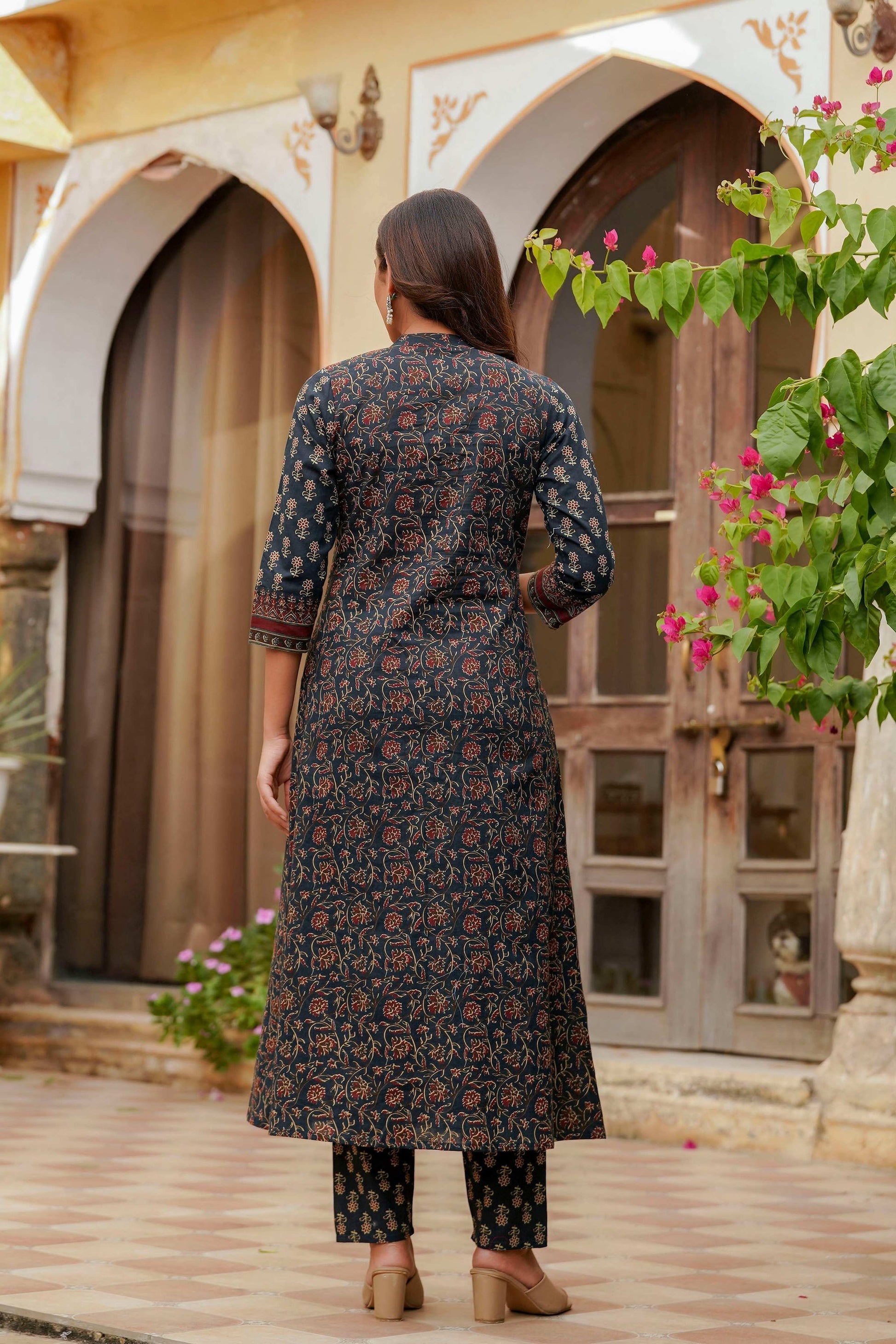 Ethnic Printed A-Line Kurta With Pant & Coordinated Dupatta, Navy Blue - Hiral Fashion