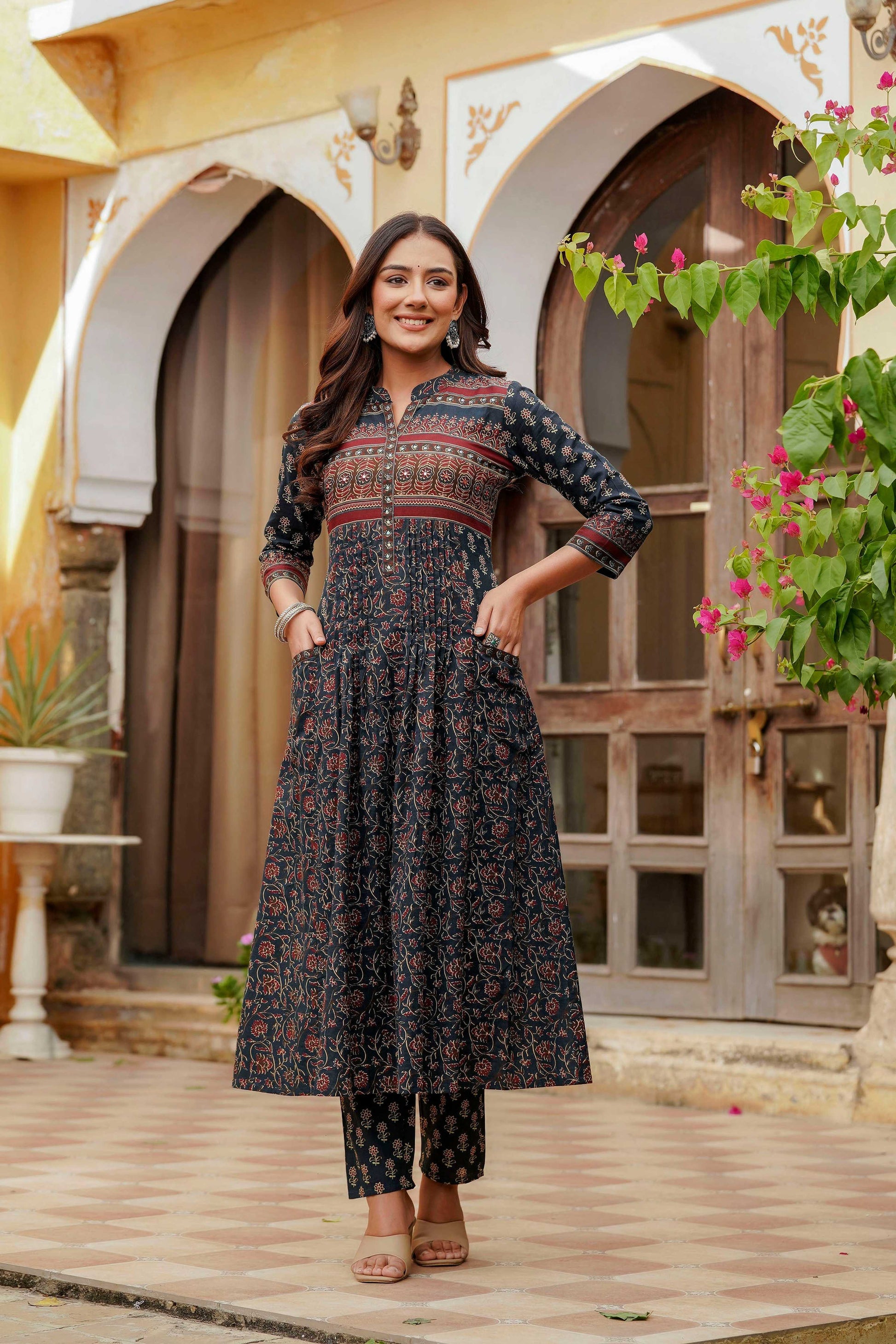 Ethnic Printed A-Line Kurta With Pant & Coordinated Dupatta, Navy Blue - Hiral Fashion