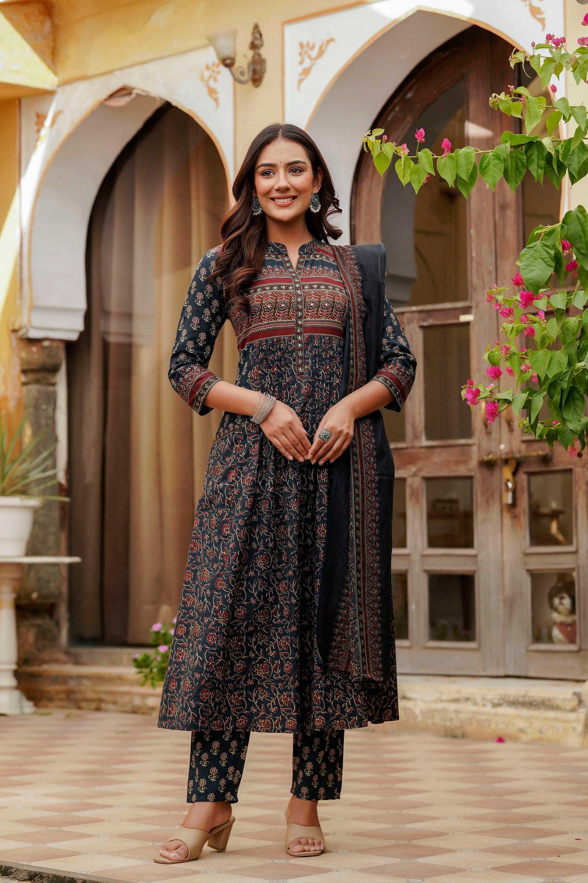 Ethnic Printed A-Line Kurta With Pant & Coordinated Dupatta, Navy Blue - Hiral Fashion
