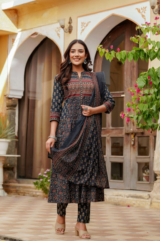 Ethnic Printed A-Line Kurta With Pant & Coordinated Dupatta, Navy Blue - Hiral Fashion