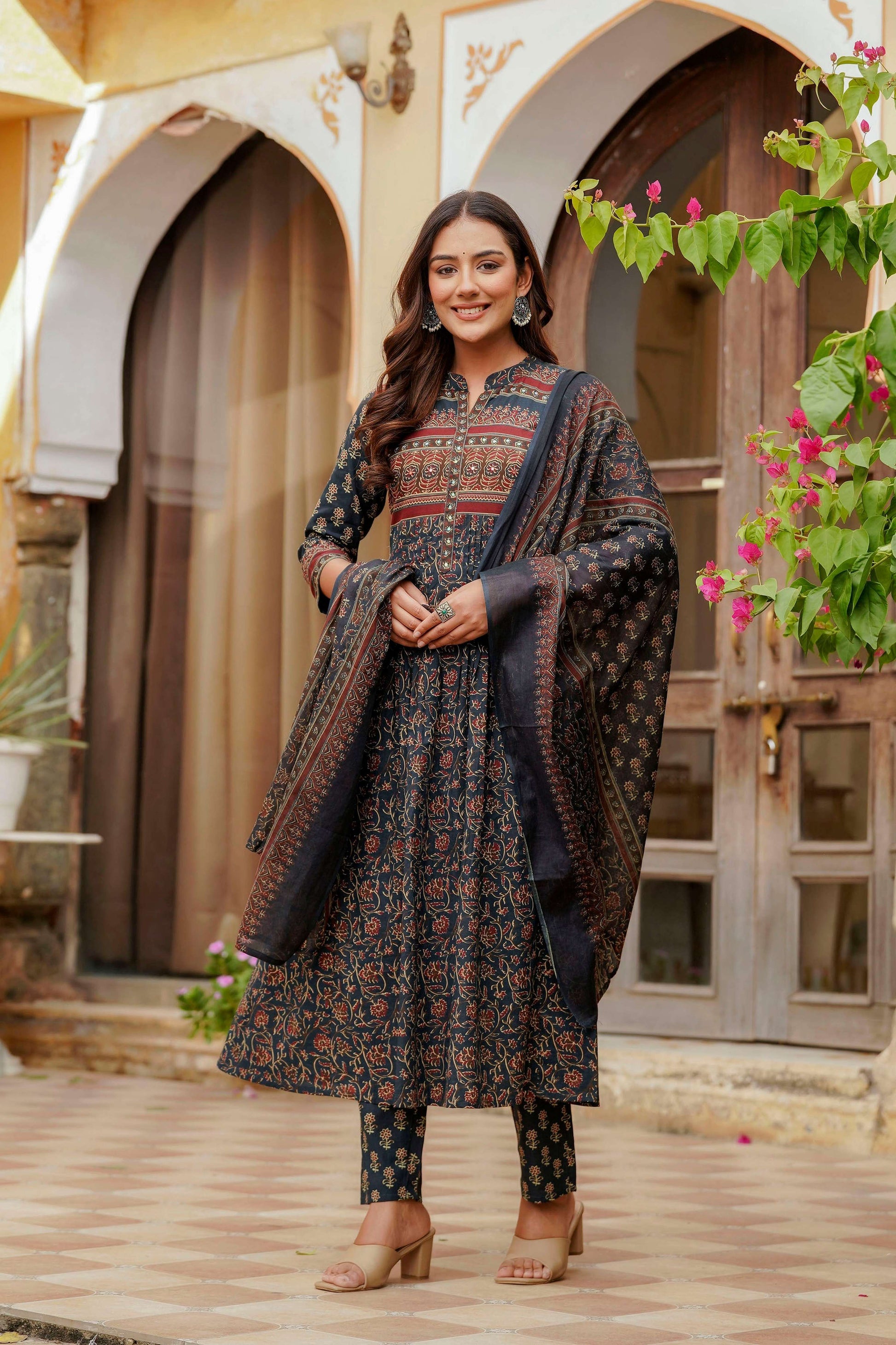 Ethnic Printed A-Line Kurta With Pant & Coordinated Dupatta, Navy Blue - Hiral Fashion