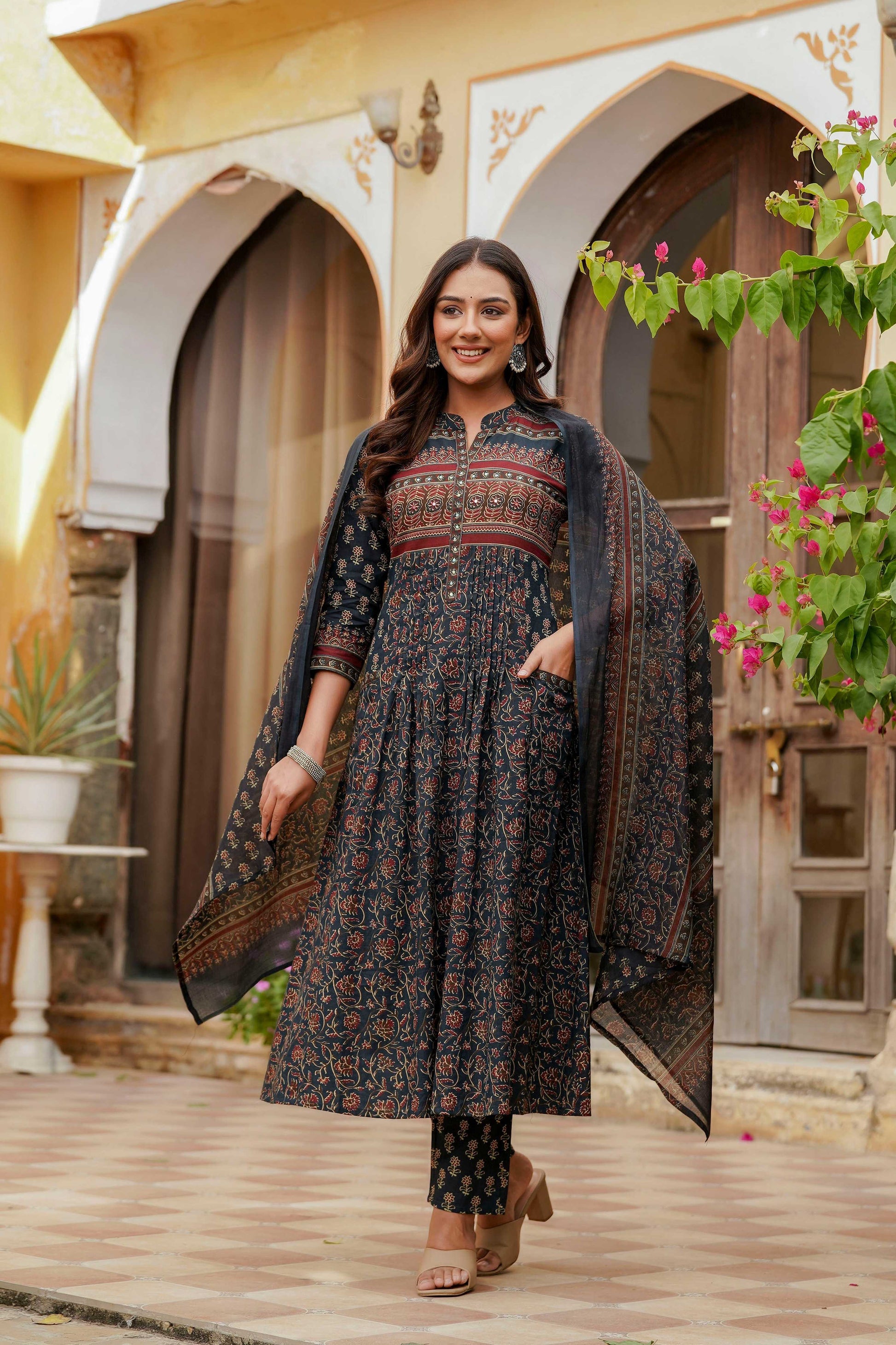 Ethnic Printed A-Line Kurta With Pant & Coordinated Dupatta, Navy Blue - Hiral Fashion