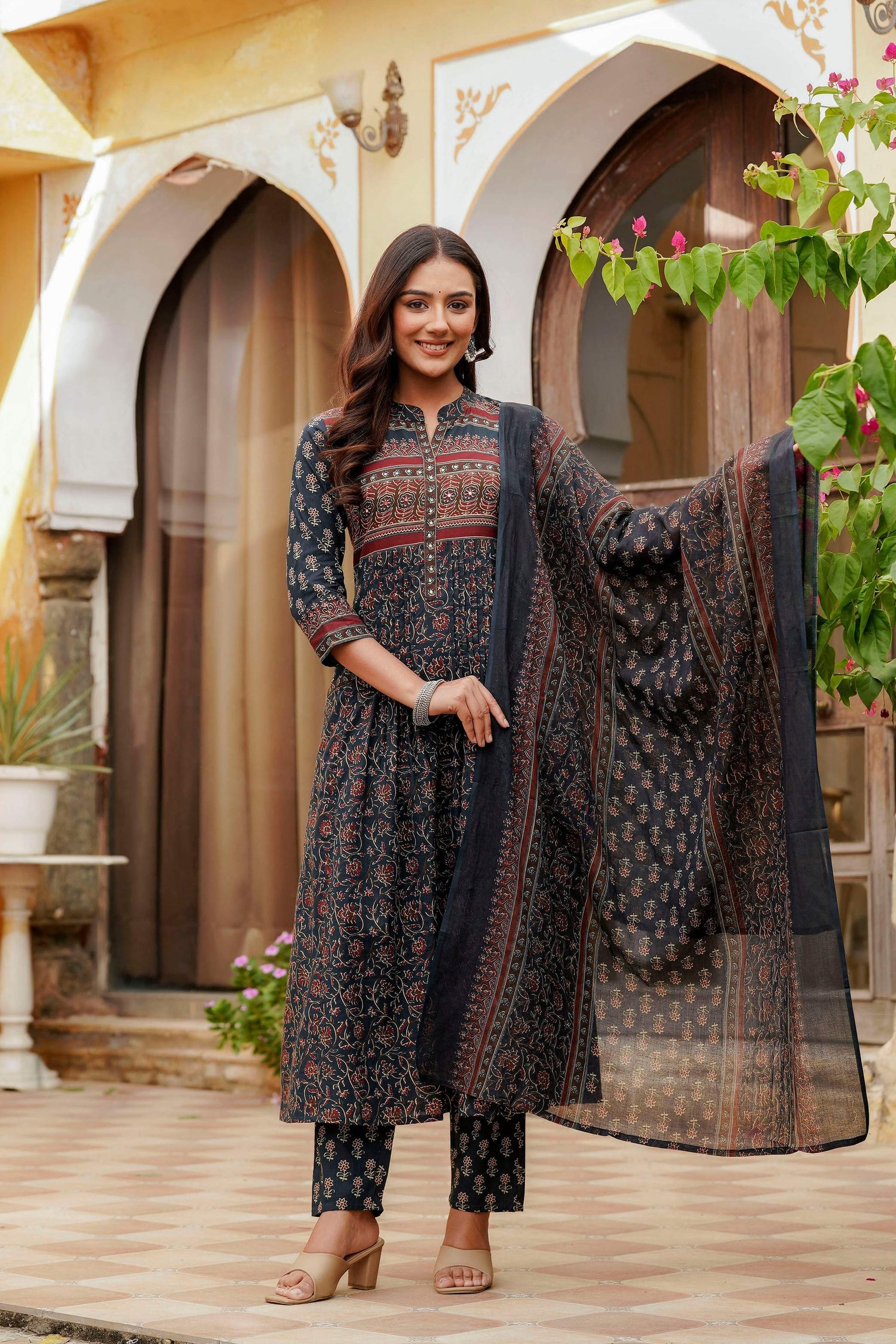 Ethnic Printed A-Line Kurta With Pant & Coordinated Dupatta, Navy Blue - Hiral Fashion