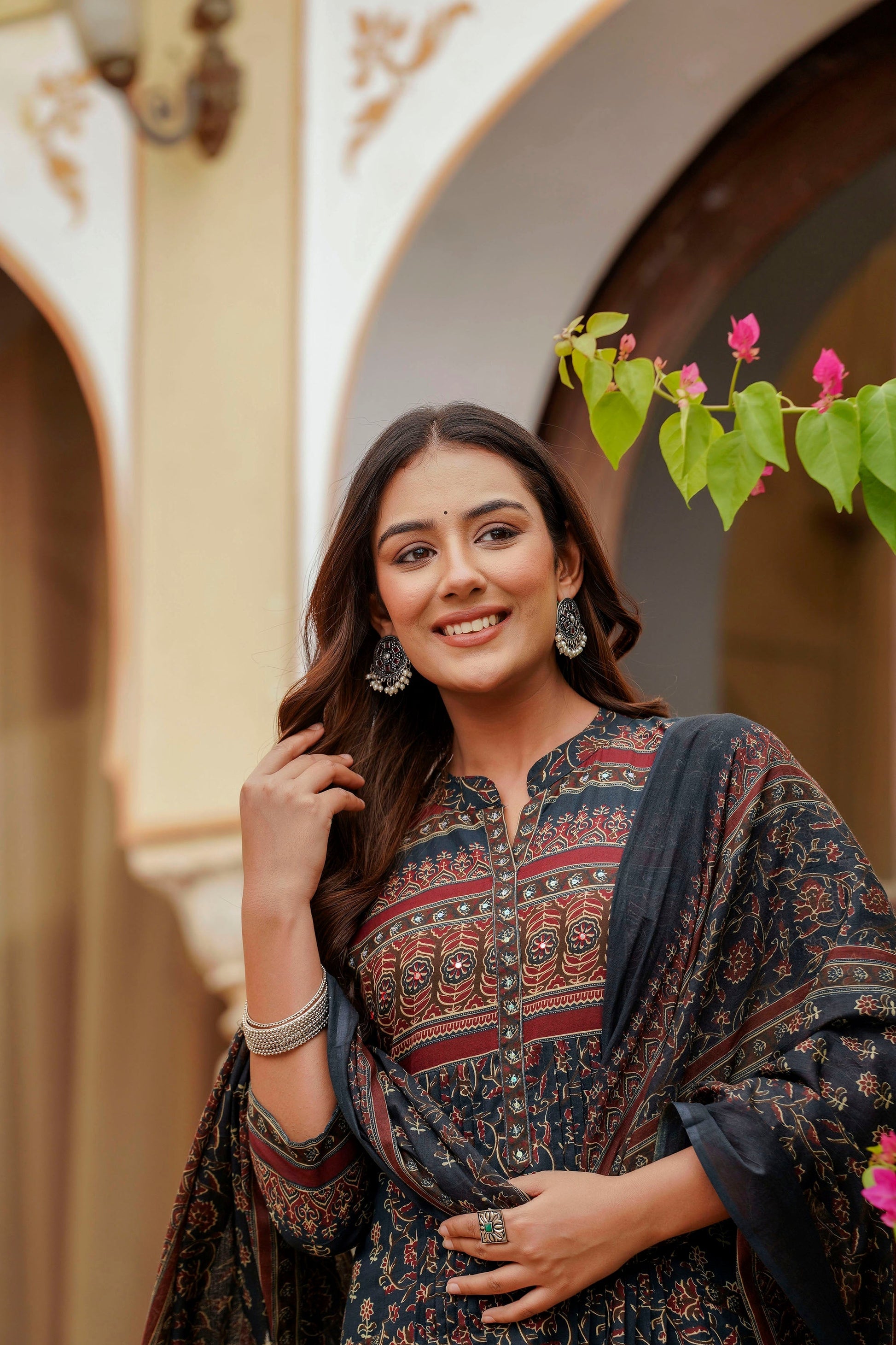 Ethnic Printed A-Line Kurta With Pant & Coordinated Dupatta, Navy Blue - Hiral Fashion