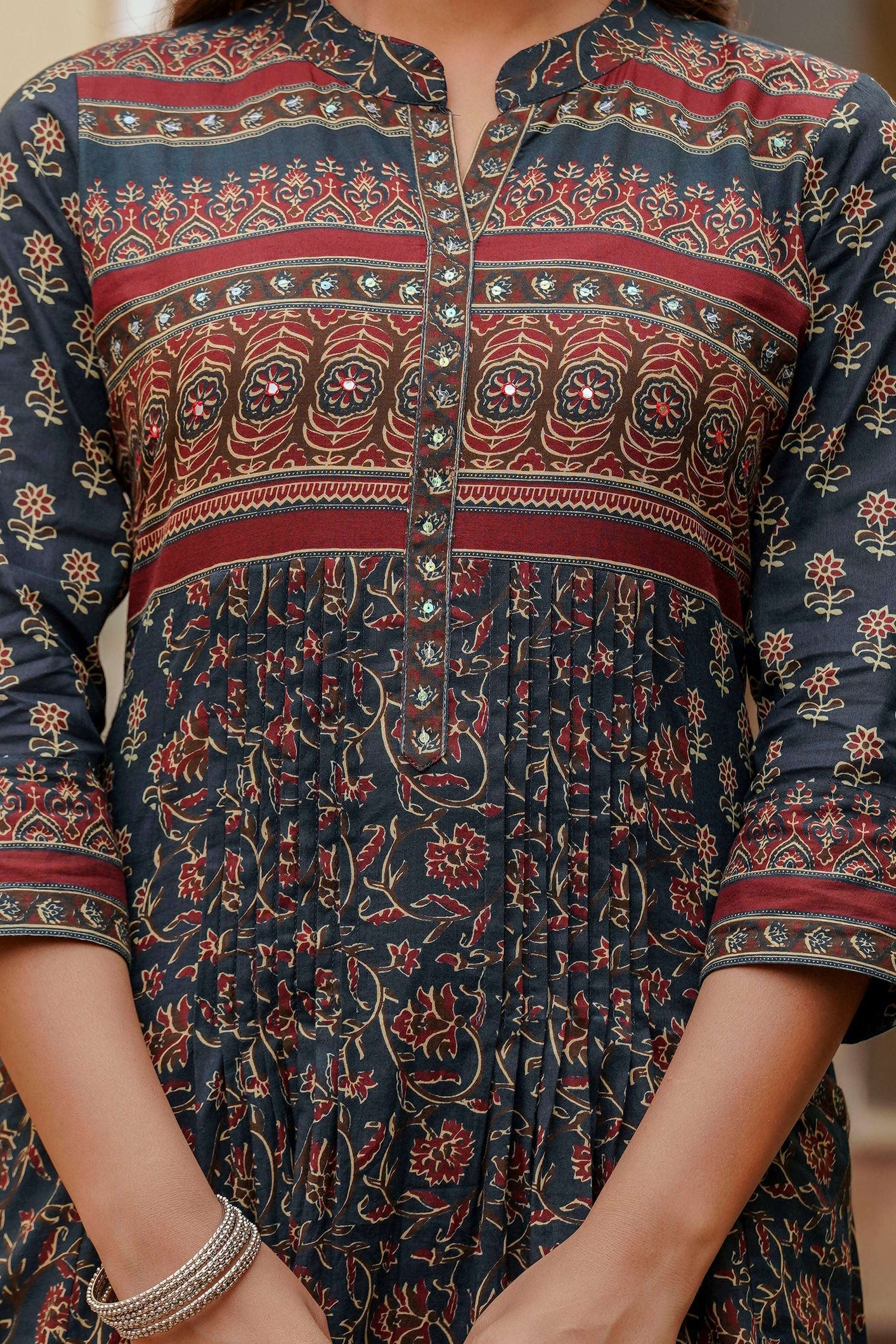 Ethnic Printed A-Line Kurta With Pant & Coordinated Dupatta, Navy Blue - Hiral Fashion