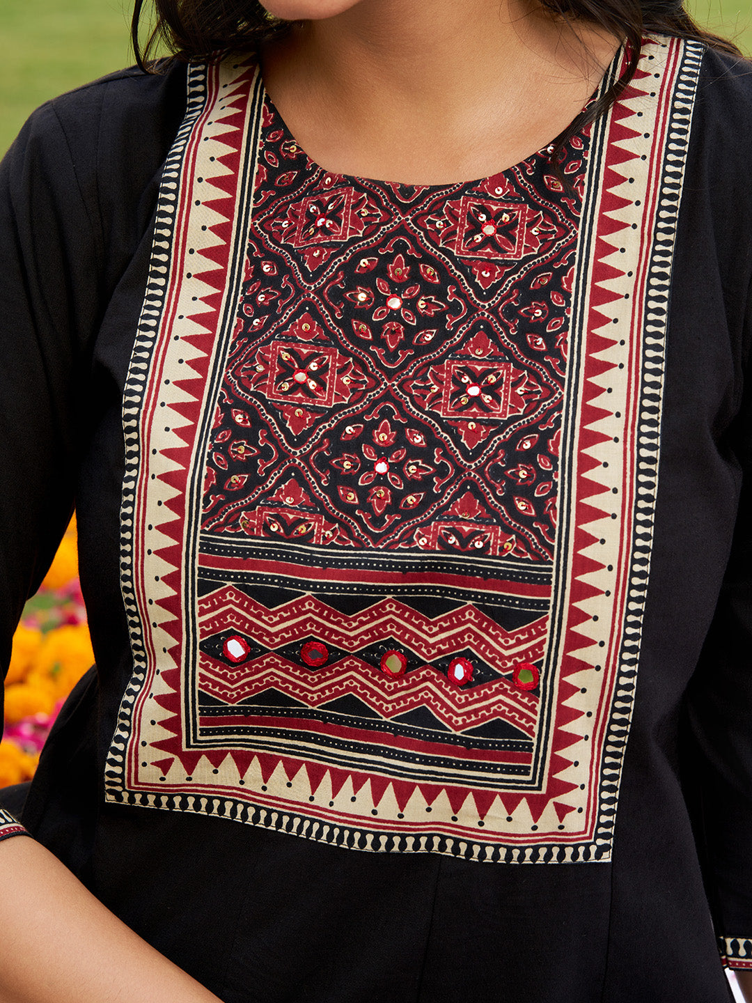 Embroidered & Ethnic Printed Anarkali Kurta With Pant & Printed Dupatta, Black - Hiral Fashion