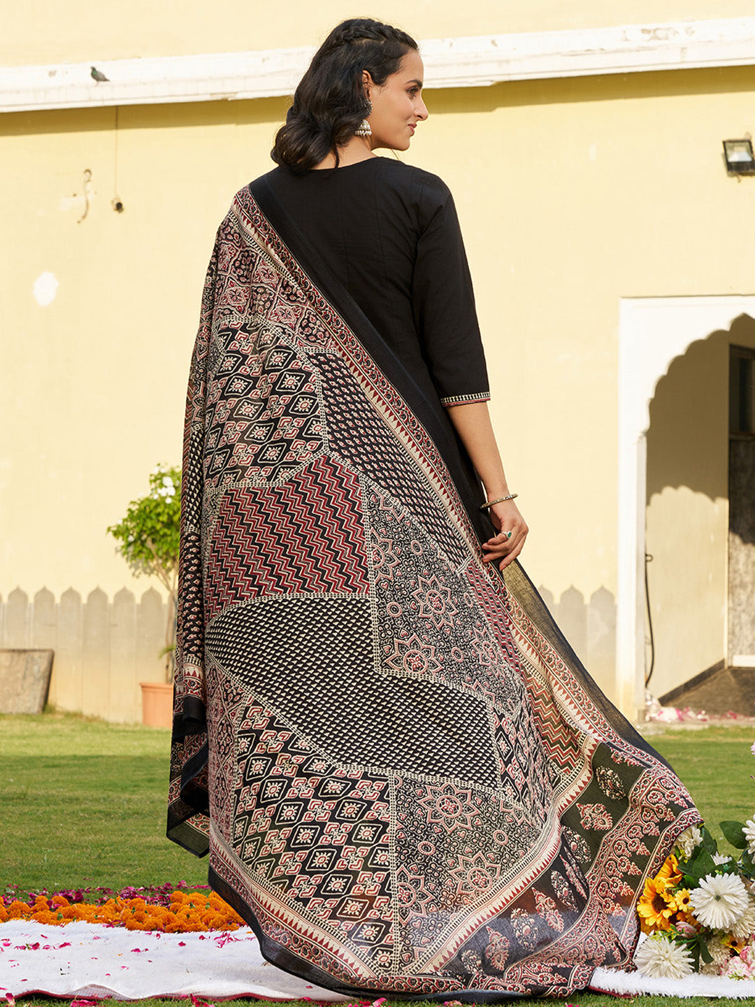 Embroidered & Ethnic Printed Anarkali Kurta With Pant & Printed Dupatta, Black - Hiral Fashion
