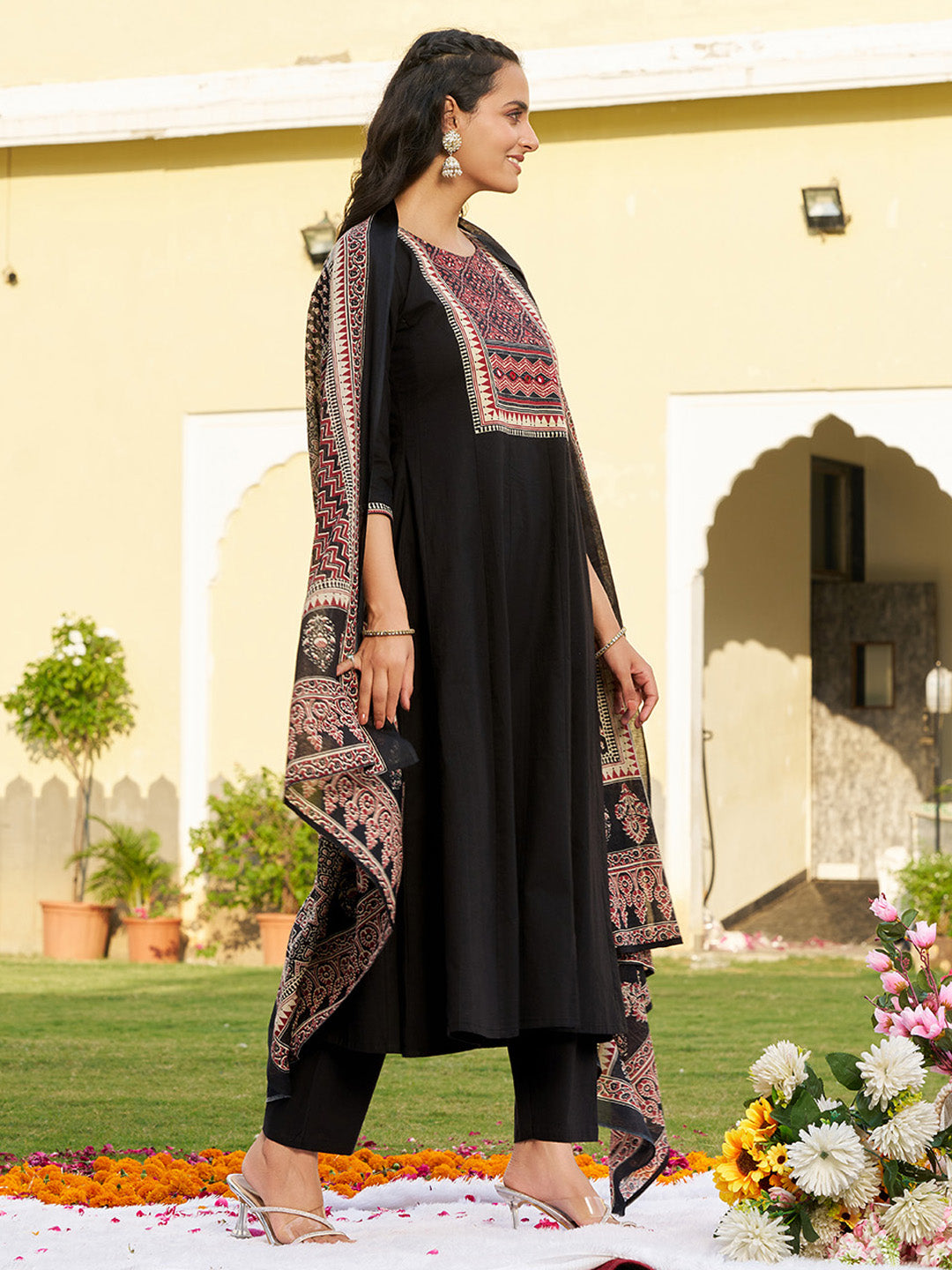 Embroidered & Ethnic Printed Anarkali Kurta With Pant & Printed Dupatta, Black - Hiral Fashion