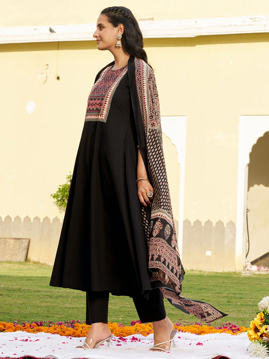 Embroidered & Ethnic Printed Anarkali Kurta With Pant & Printed Dupatta, Black - Hiral Fashion