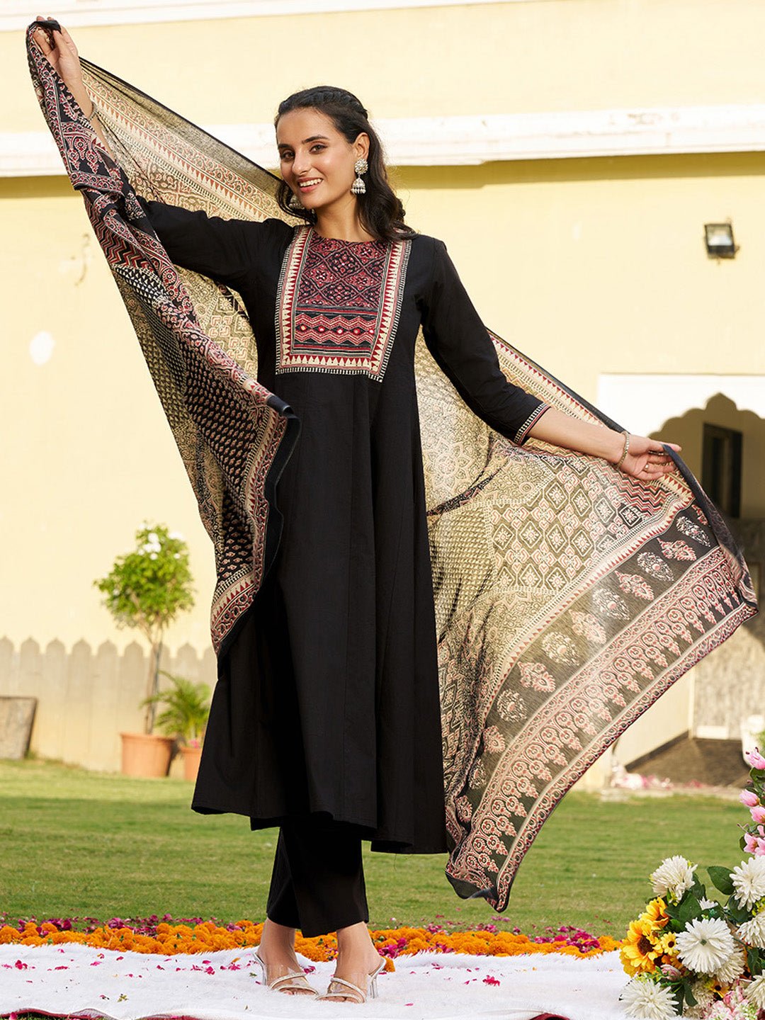 Embroidered & Ethnic Printed Anarkali Kurta With Pant & Printed Dupatta, Black - Hiral Fashion