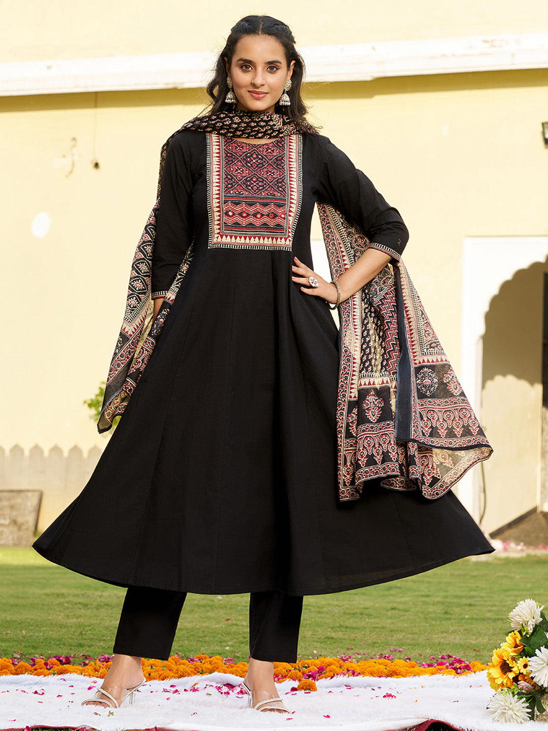Embroidered & Ethnic Printed Anarkali Kurta With Pant & Printed Dupatta, Black - Hiral Fashion