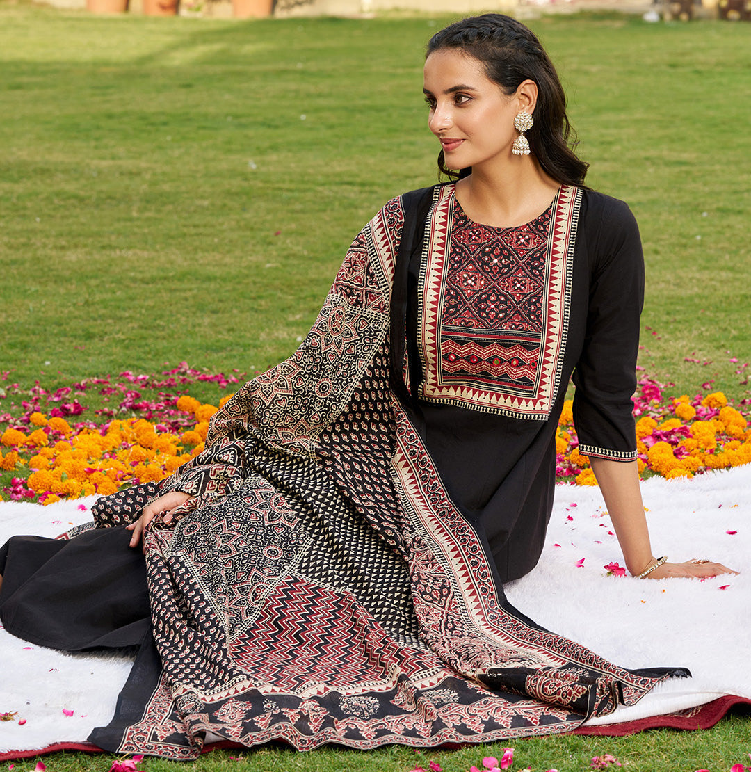 Embroidered & Ethnic Printed Anarkali Kurta With Pant & Printed Dupatta, Black - Hiral Fashion
