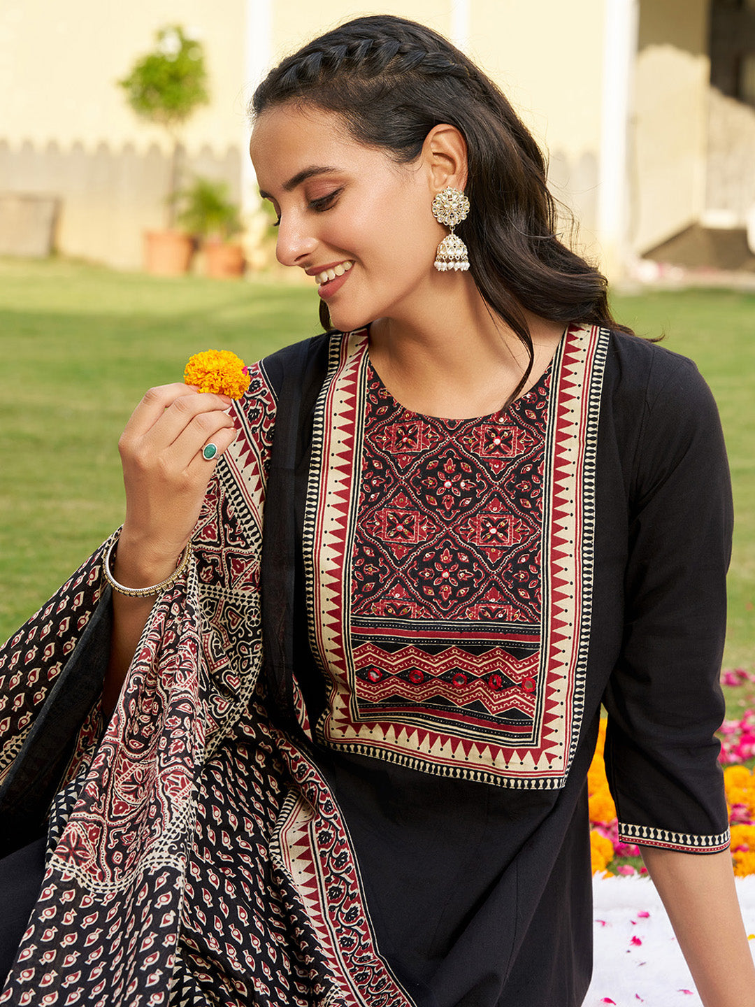 Embroidered & Ethnic Printed Anarkali Kurta With Pant & Printed Dupatta, Black - Hiral Fashion