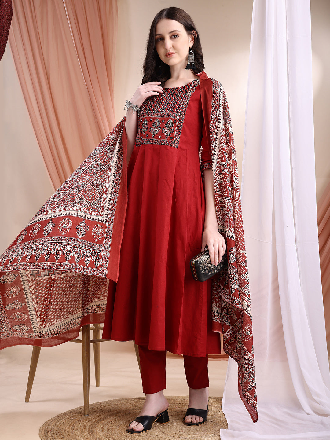 Embroidered & Ethnic Printed Anarkali Kurta With Pant & Printed Dupatta, Maroon - Hiral Fashion