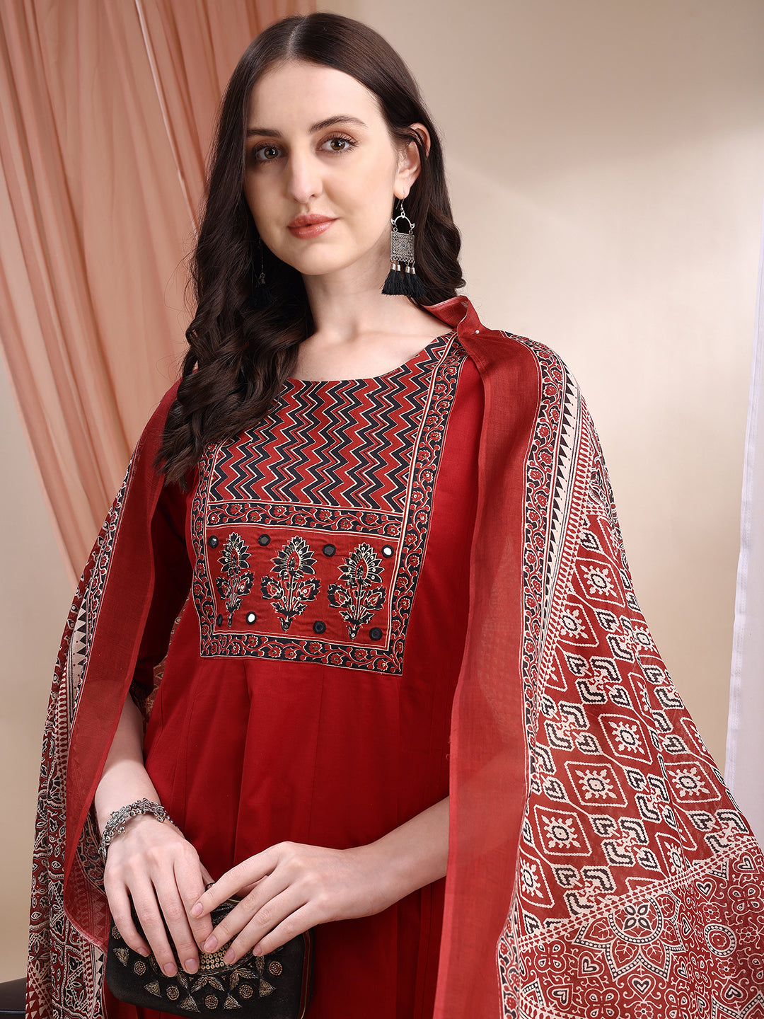 Embroidered & Ethnic Printed Anarkali Kurta With Pant & Printed Dupatta, Maroon - Hiral Fashion