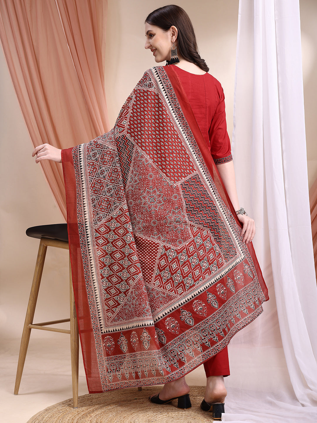 Embroidered & Ethnic Printed Anarkali Kurta With Pant & Printed Dupatta, Maroon - Hiral Fashion