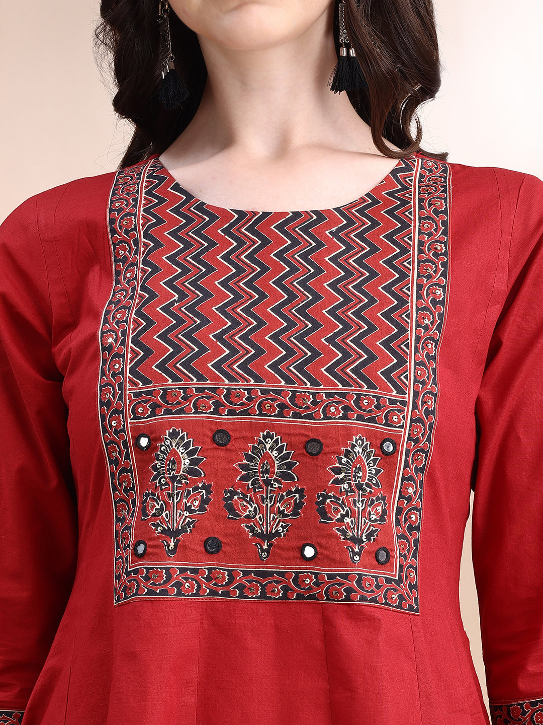 Embroidered & Ethnic Printed Anarkali Kurta With Pant & Printed Dupatta, Maroon - Hiral Fashion