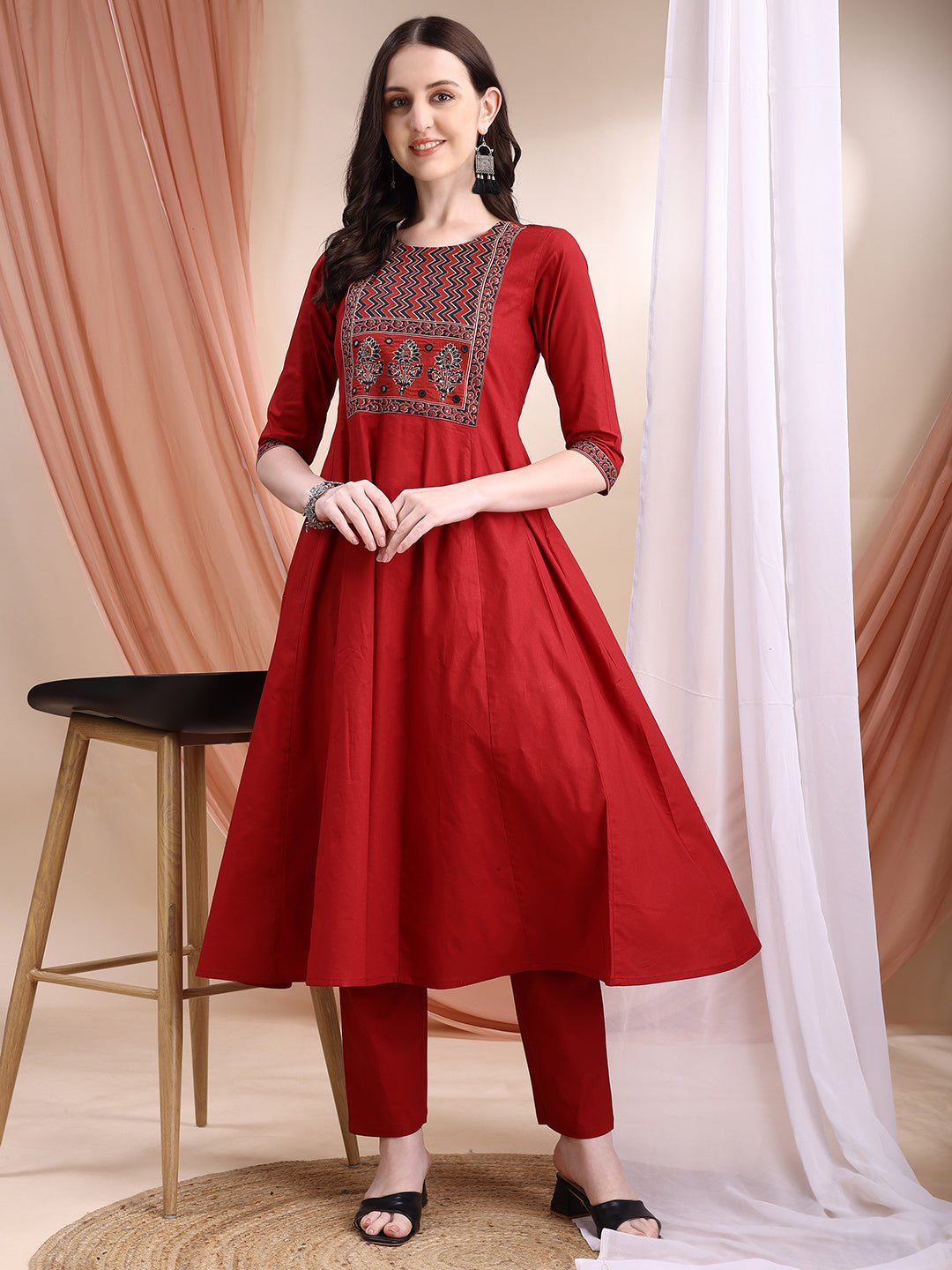 Embroidered & Ethnic Printed Anarkali Kurta With Pant & Printed Dupatta, Maroon - Hiral Fashion