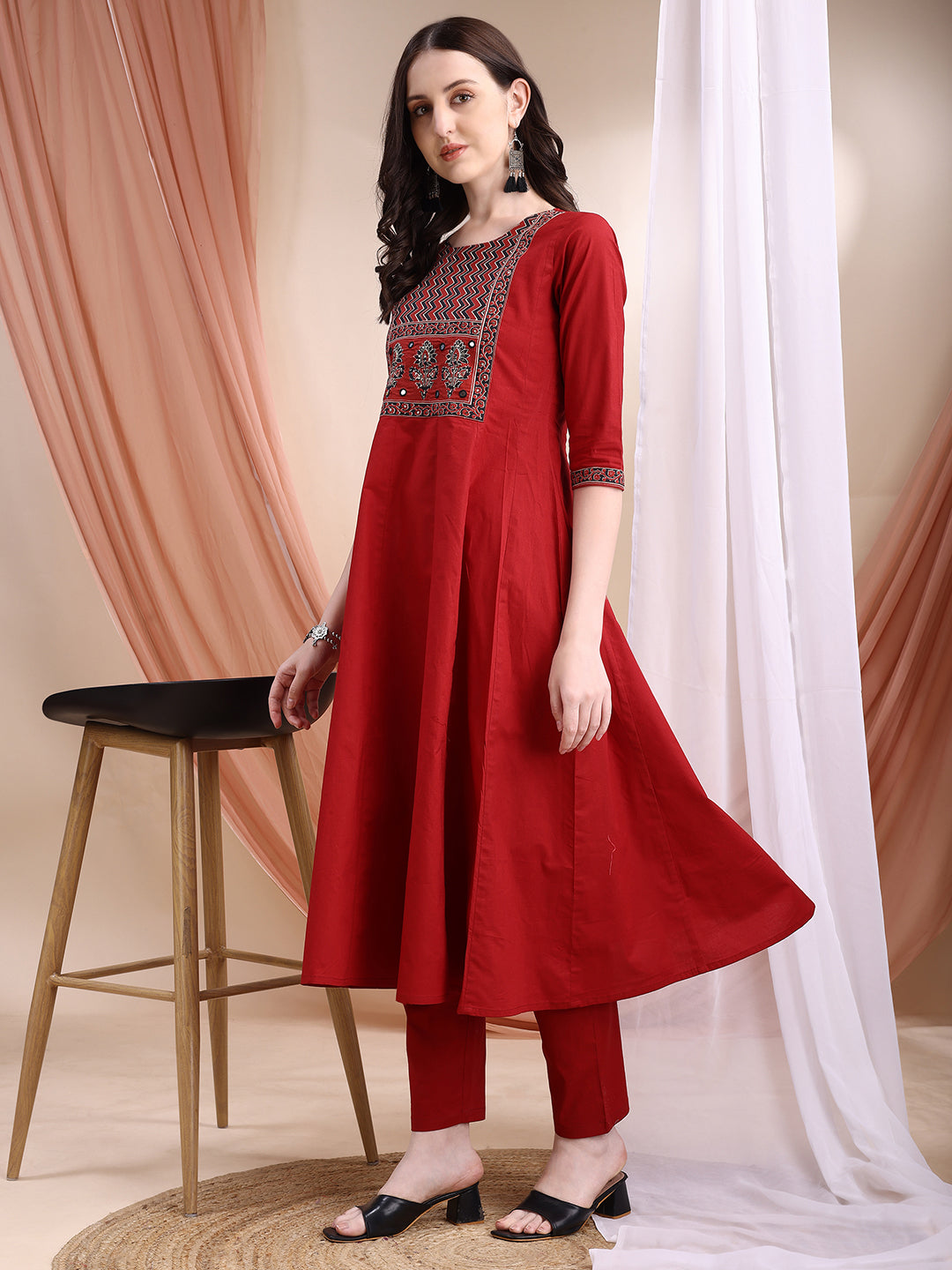 Embroidered & Ethnic Printed Anarkali Kurta With Pant & Printed Dupatta, Maroon - Hiral Fashion