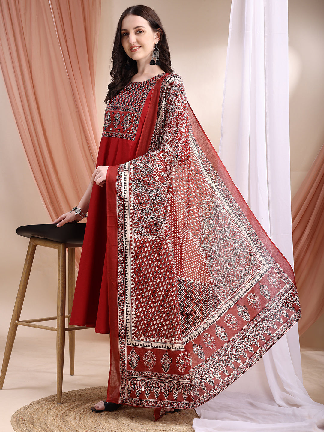 Embroidered & Ethnic Printed Anarkali Kurta With Pant & Printed Dupatta, Maroon - Hiral Fashion