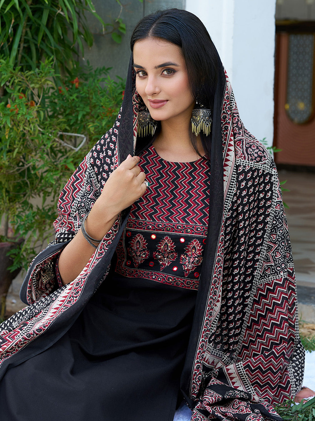 Embroidered & Ethnic Printed Kurta With Pant & Printed Dupatta, Black - Hiral Fashion