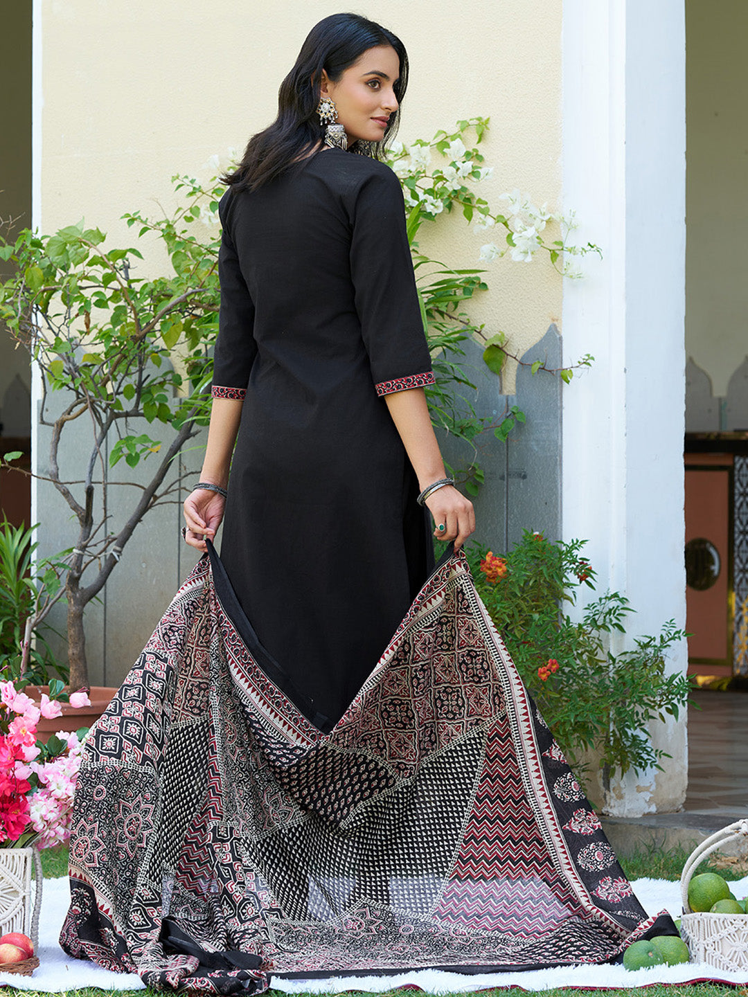 Embroidered & Ethnic Printed Kurta With Pant & Printed Dupatta, Black - Hiral Fashion