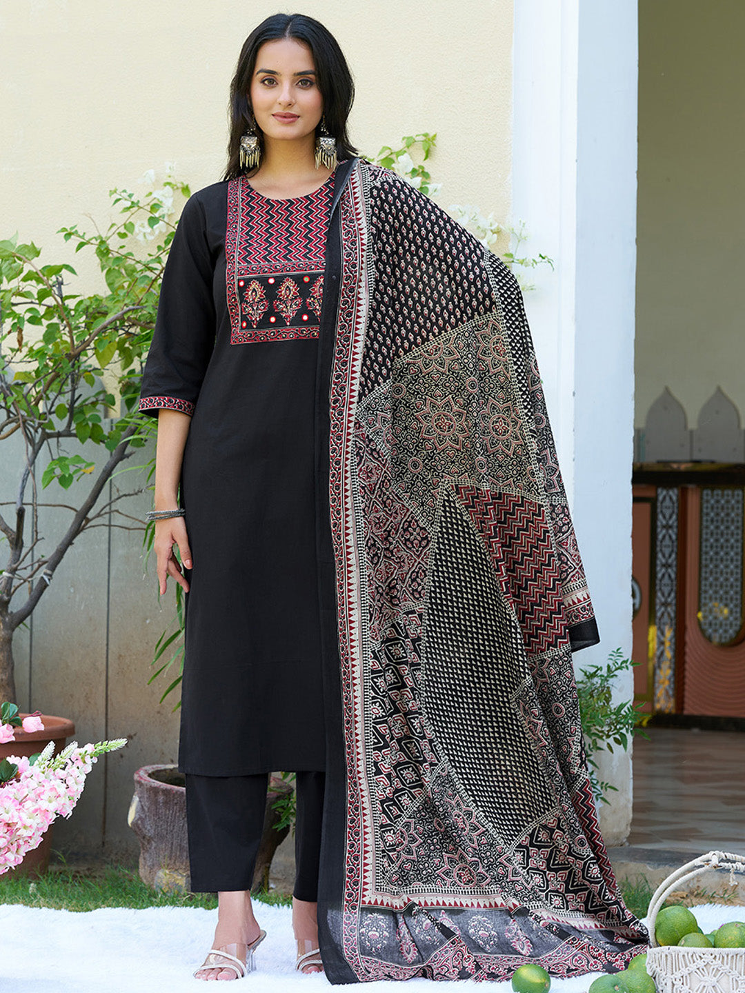 Embroidered & Ethnic Printed Kurta With Pant & Printed Dupatta, Black - Hiral Fashion