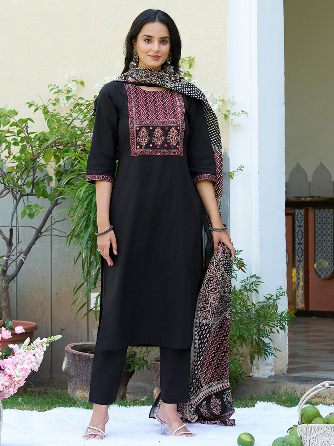 Embroidered & Ethnic Printed Kurta With Pant & Printed Dupatta, Black - Hiral Fashion