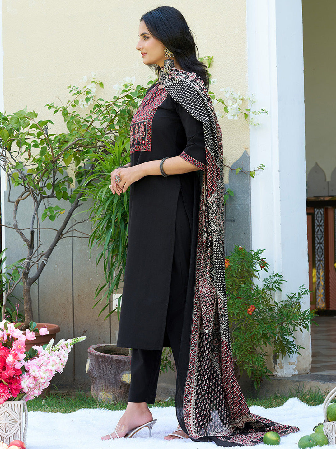 Embroidered & Ethnic Printed Kurta With Pant & Printed Dupatta, Black - Hiral Fashion