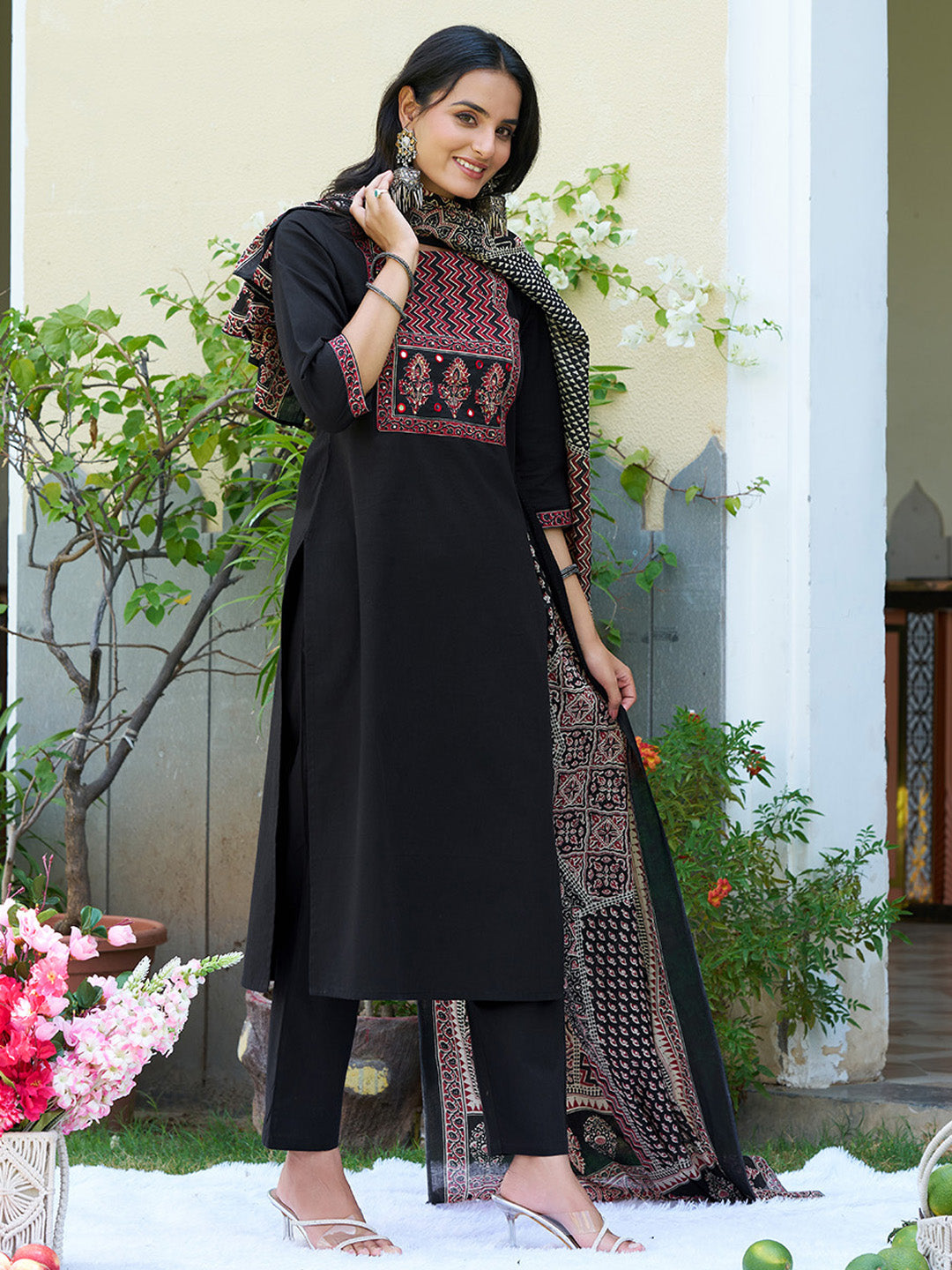 Embroidered & Ethnic Printed Kurta With Pant & Printed Dupatta, Black - Hiral Fashion