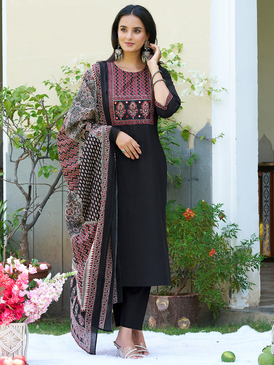 Embroidered & Ethnic Printed Kurta With Pant & Printed Dupatta, Black - Hiral Fashion