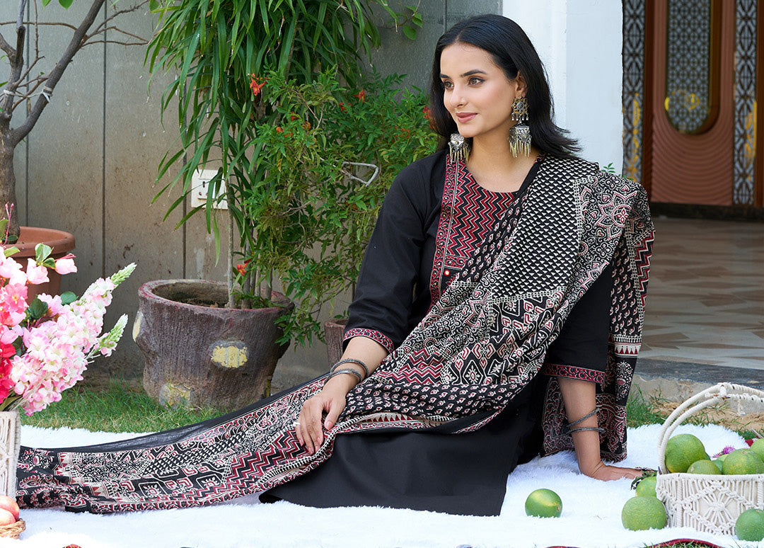 Embroidered & Ethnic Printed Kurta With Pant & Printed Dupatta, Black - Hiral Fashion