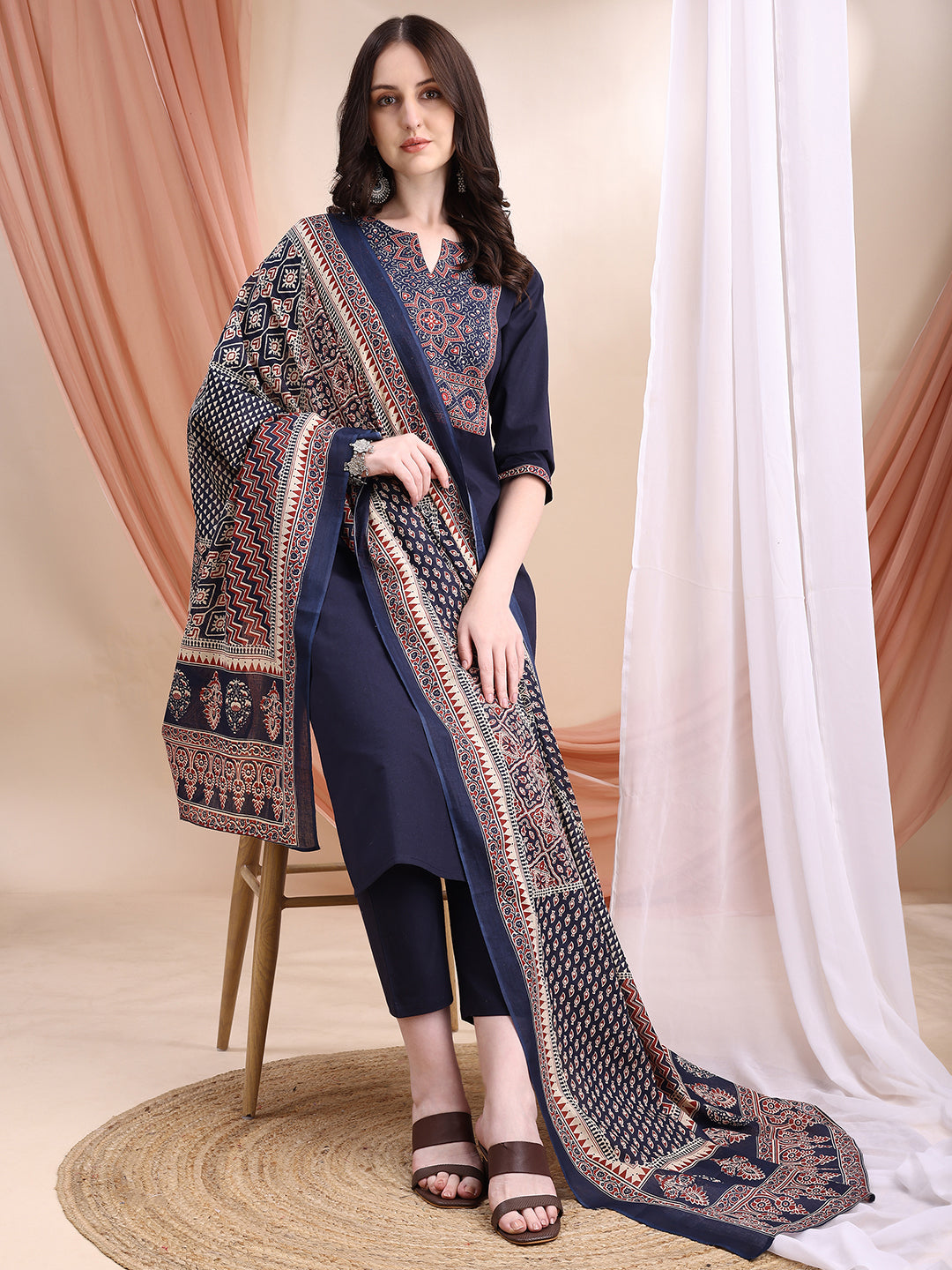 Embroidered & Ethnic Printed Kurta With Pant & Printed Dupatta, Navy Blue - Hiral Fashion