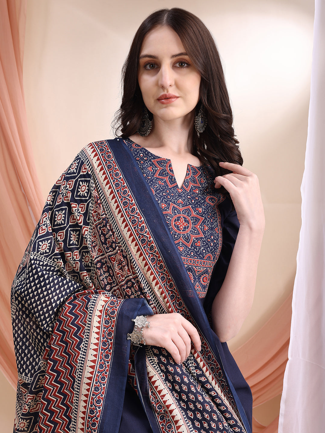 Embroidered & Ethnic Printed Kurta With Pant & Printed Dupatta, Navy Blue - Hiral Fashion