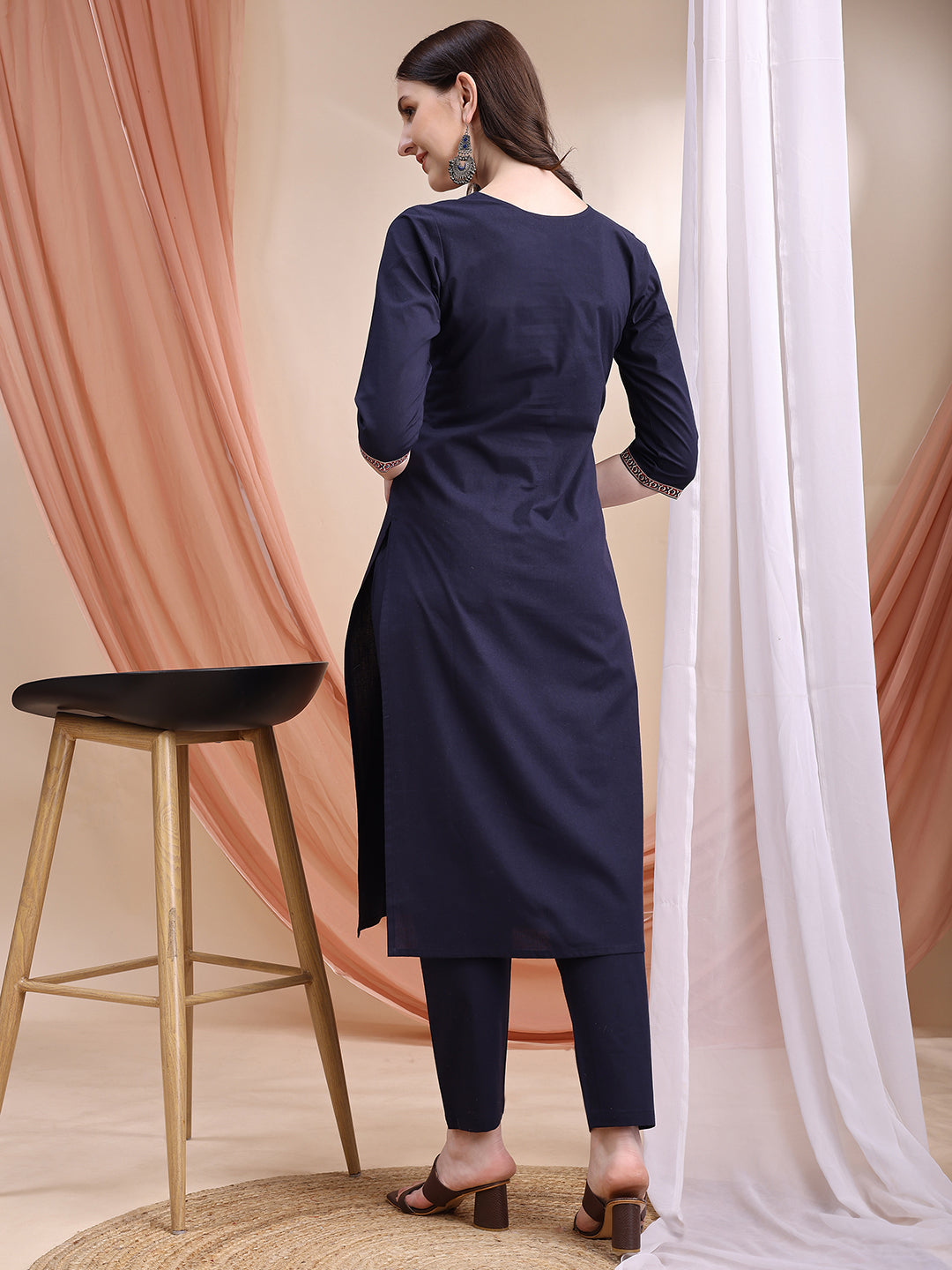 Embroidered & Ethnic Printed Kurta With Pant & Printed Dupatta, Navy Blue - Hiral Fashion