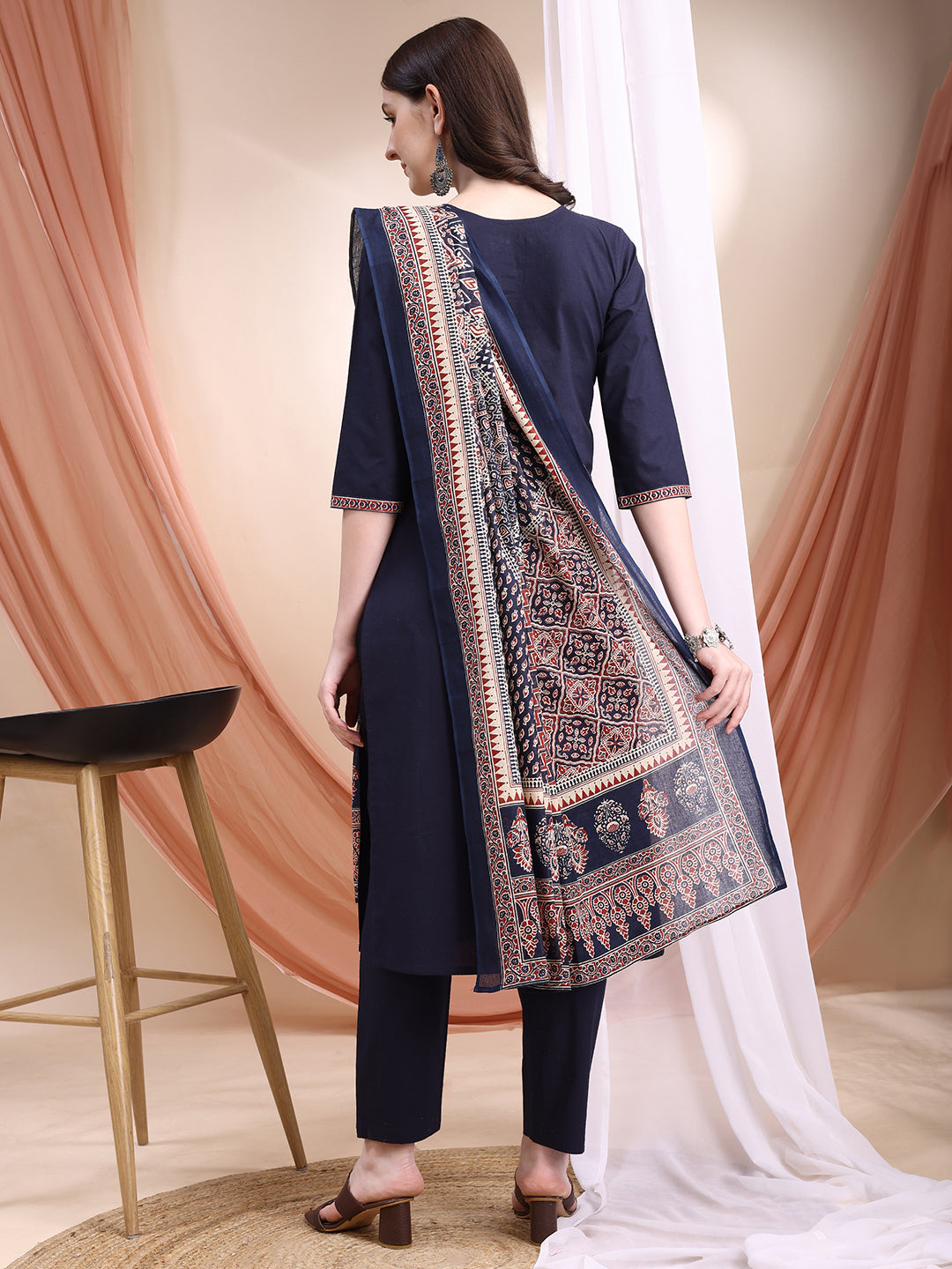 Embroidered & Ethnic Printed Kurta With Pant & Printed Dupatta, Navy Blue - Hiral Fashion