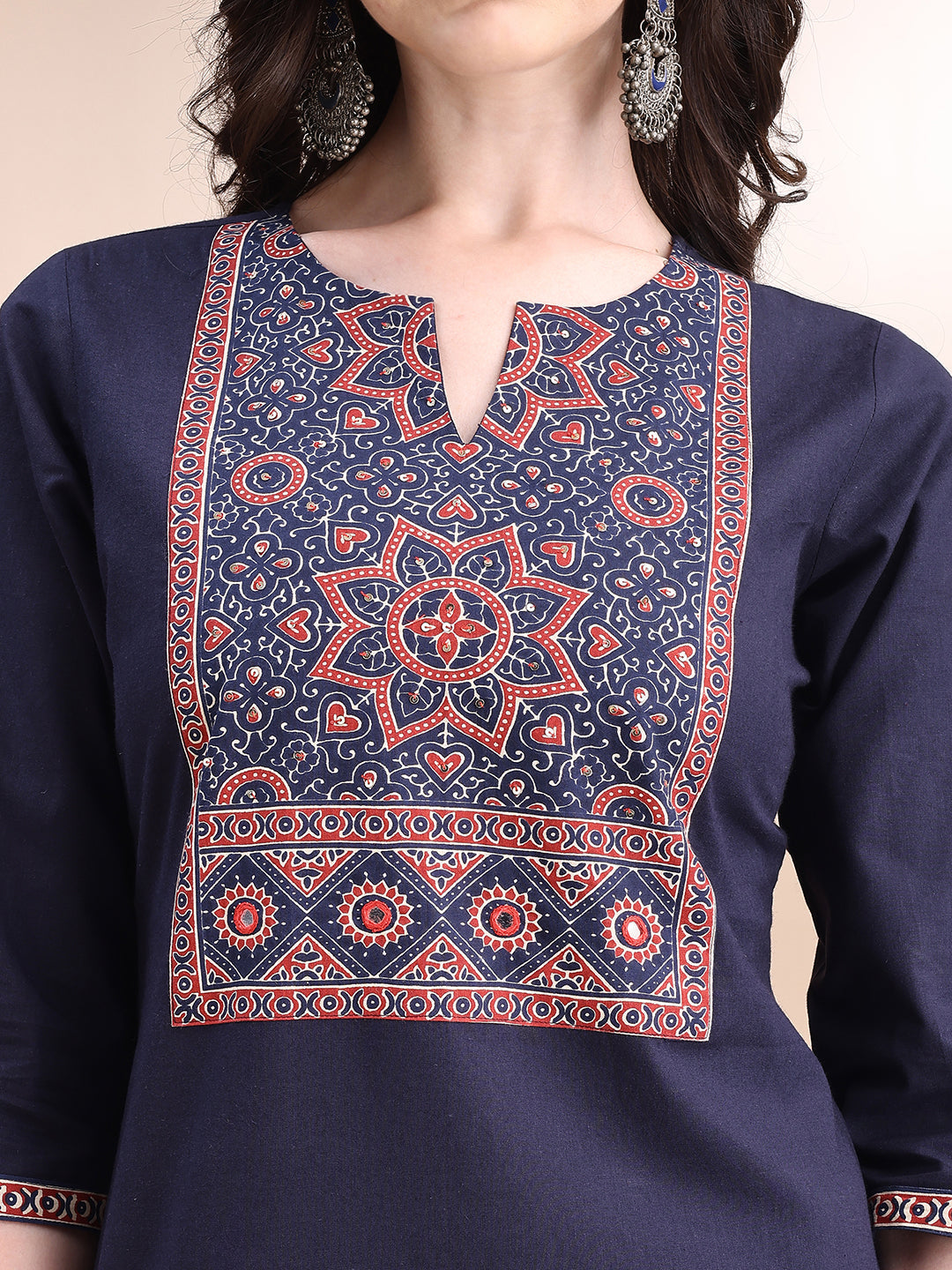 Embroidered & Ethnic Printed Kurta With Pant & Printed Dupatta, Navy Blue - Hiral Fashion