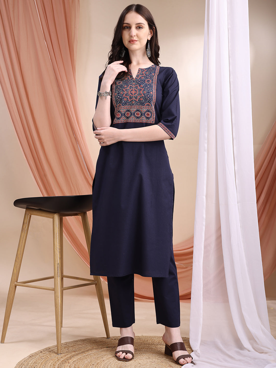 Embroidered & Ethnic Printed Kurta With Pant & Printed Dupatta, Navy Blue - Hiral Fashion