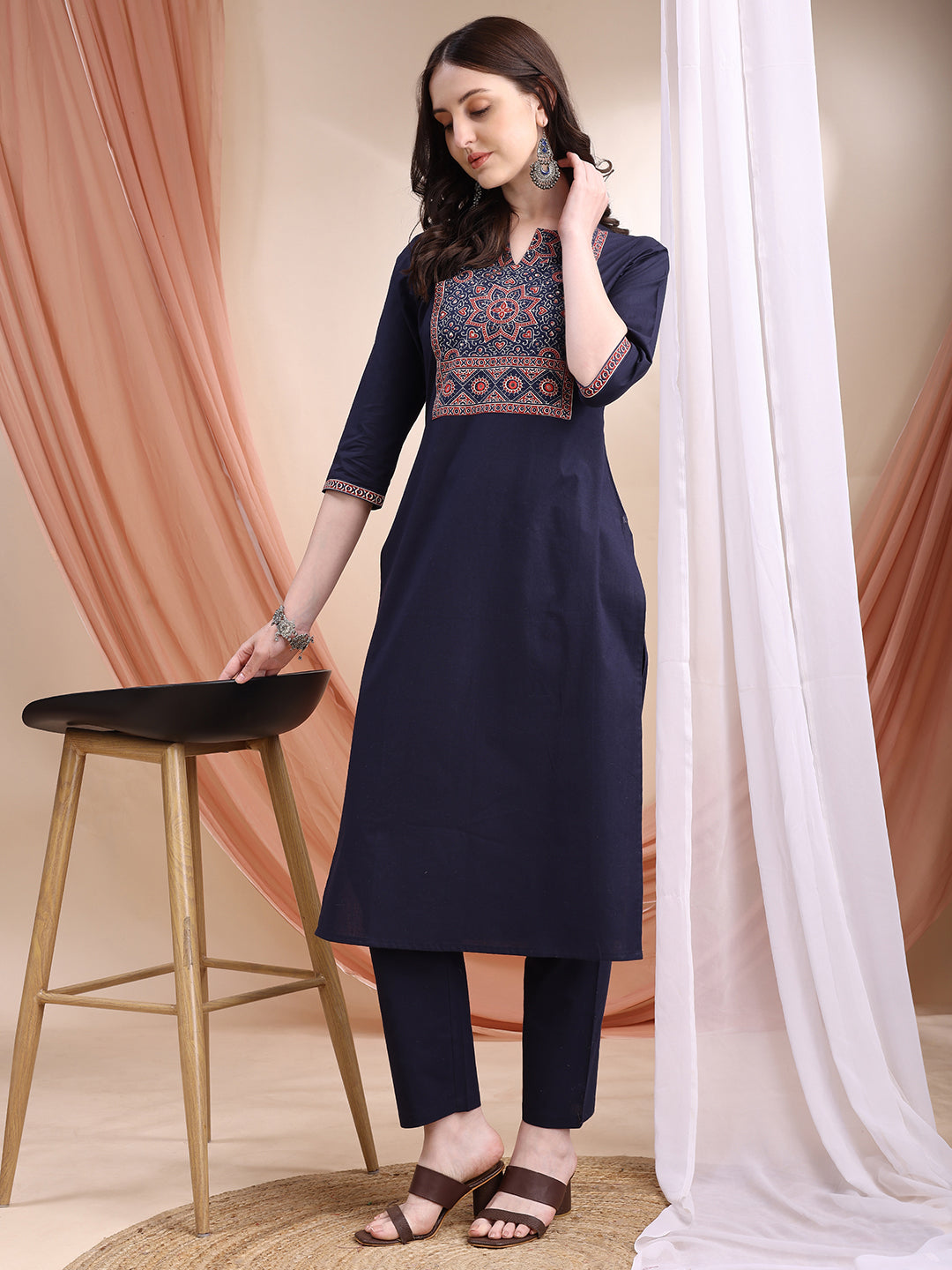 Embroidered & Ethnic Printed Kurta With Pant & Printed Dupatta, Navy Blue - Hiral Fashion