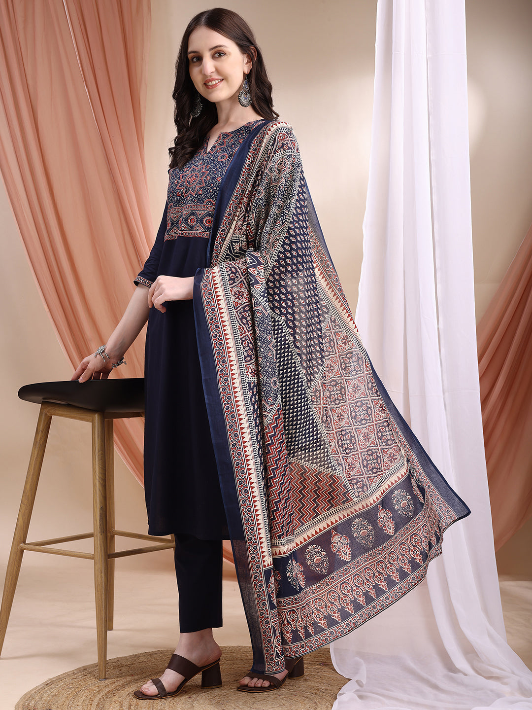 Embroidered & Ethnic Printed Kurta With Pant & Printed Dupatta, Navy Blue - Hiral Fashion