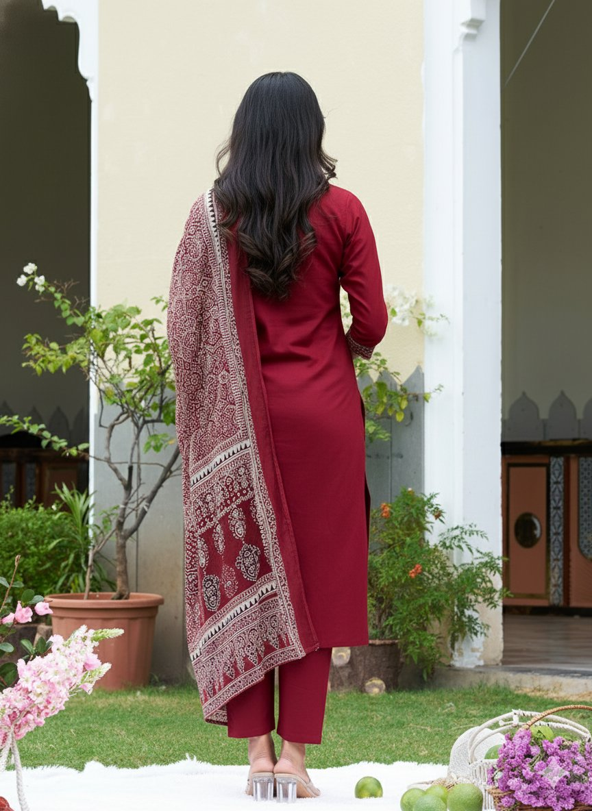 Embroidered & Ethnic Printed Kurta With Pant & Printed Dupatta, Maroon - Hiral Fashion